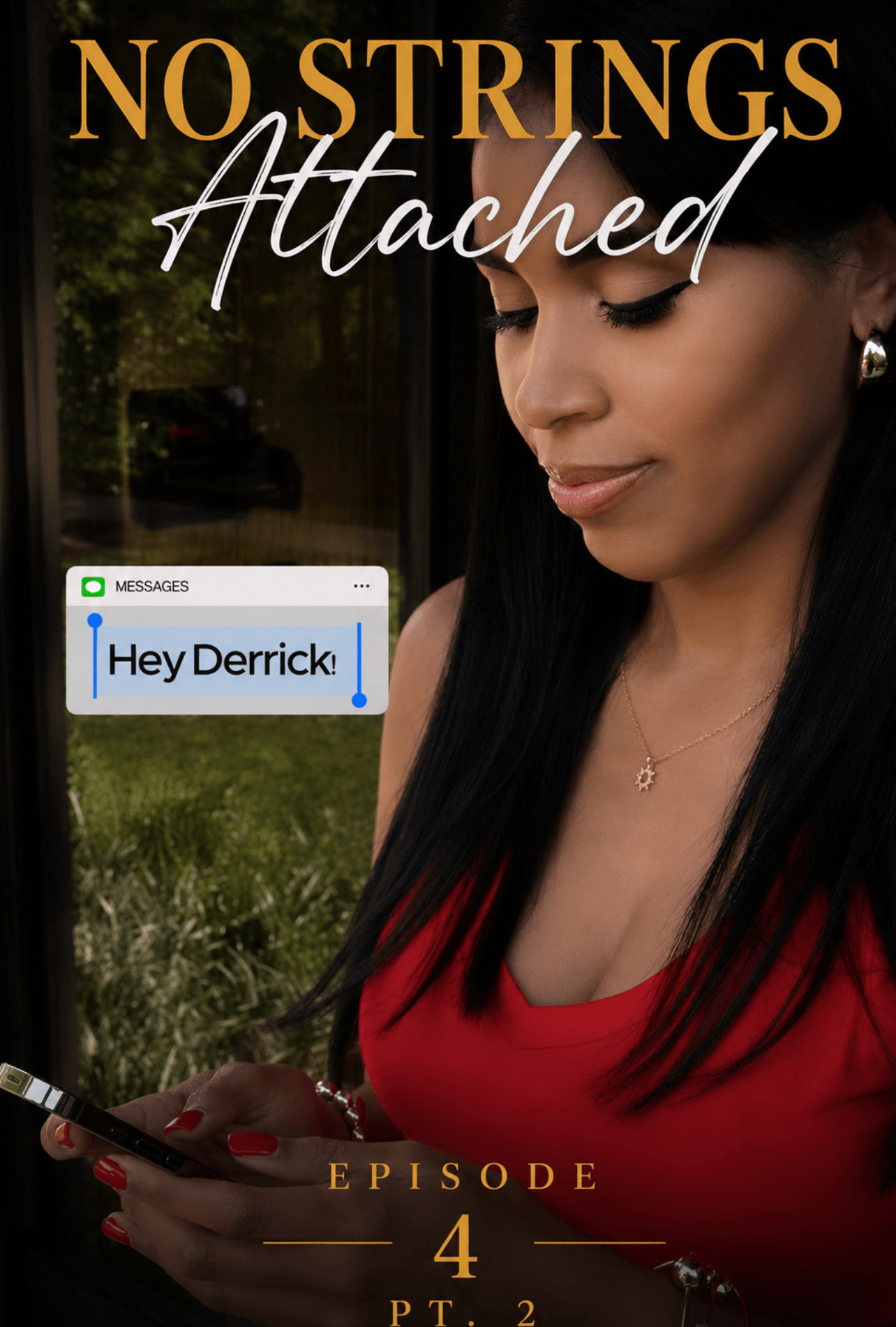 Woman with long dark hair wearing a red top, looking at her phone, with a message saying 'Hey Derrick!' on screen.