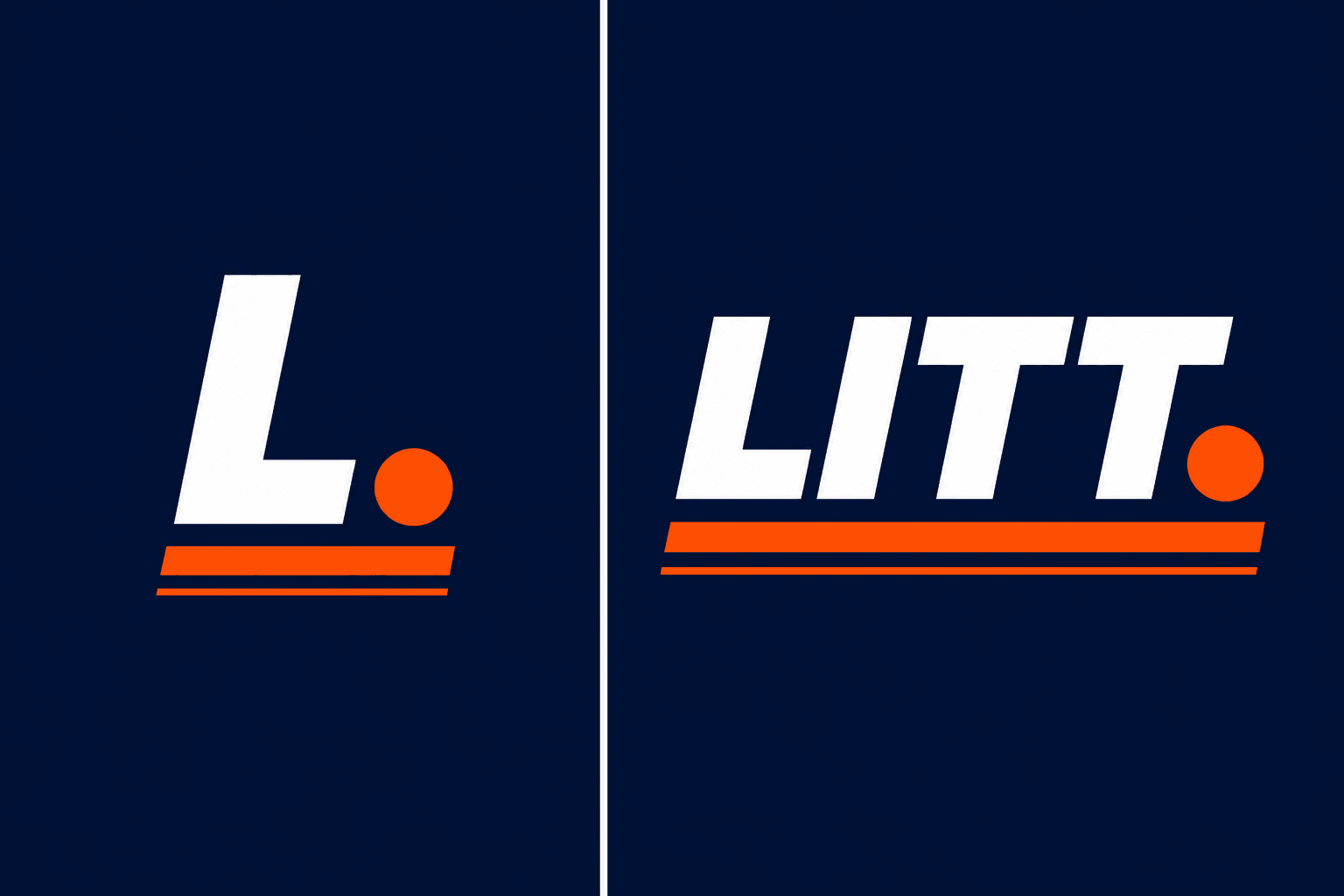 Two logos with white text and orange dots on a dark blue background, one with a single letter and the other with the word 'LITT'.