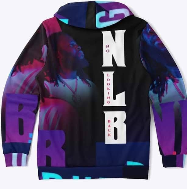 Colorful hoodie with bold text and abstract patterns, featuring purple, blue, black, and white elements.