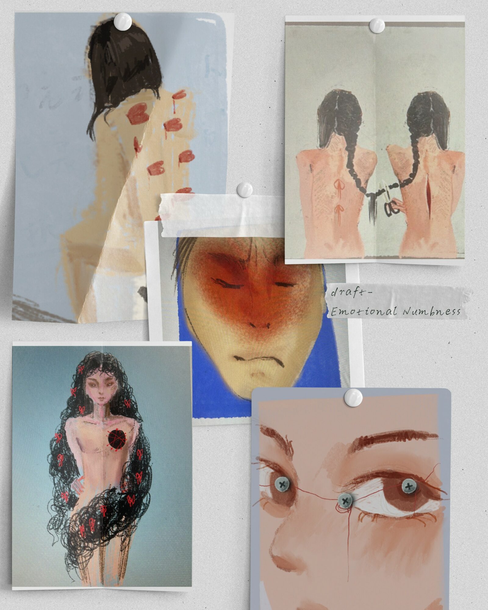 Four photos pinned on a wall, including a woman with long dark hair, two women holding hands, a woman with dark hair and a pink top, and a close-up of a face with tears.
