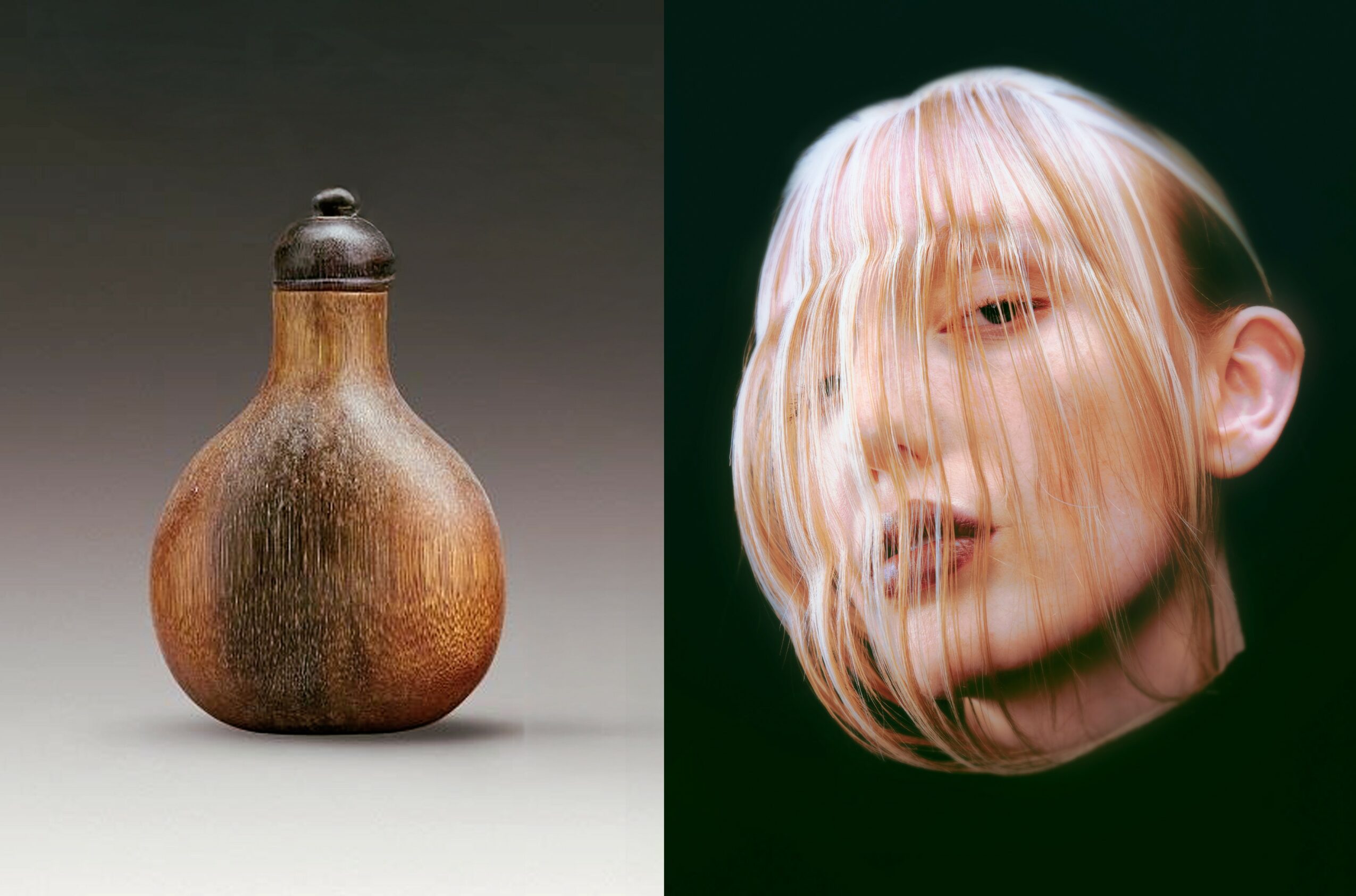 A gourd-shaped object on the left and a person's face with long hair on the right, partially obscuring the face.