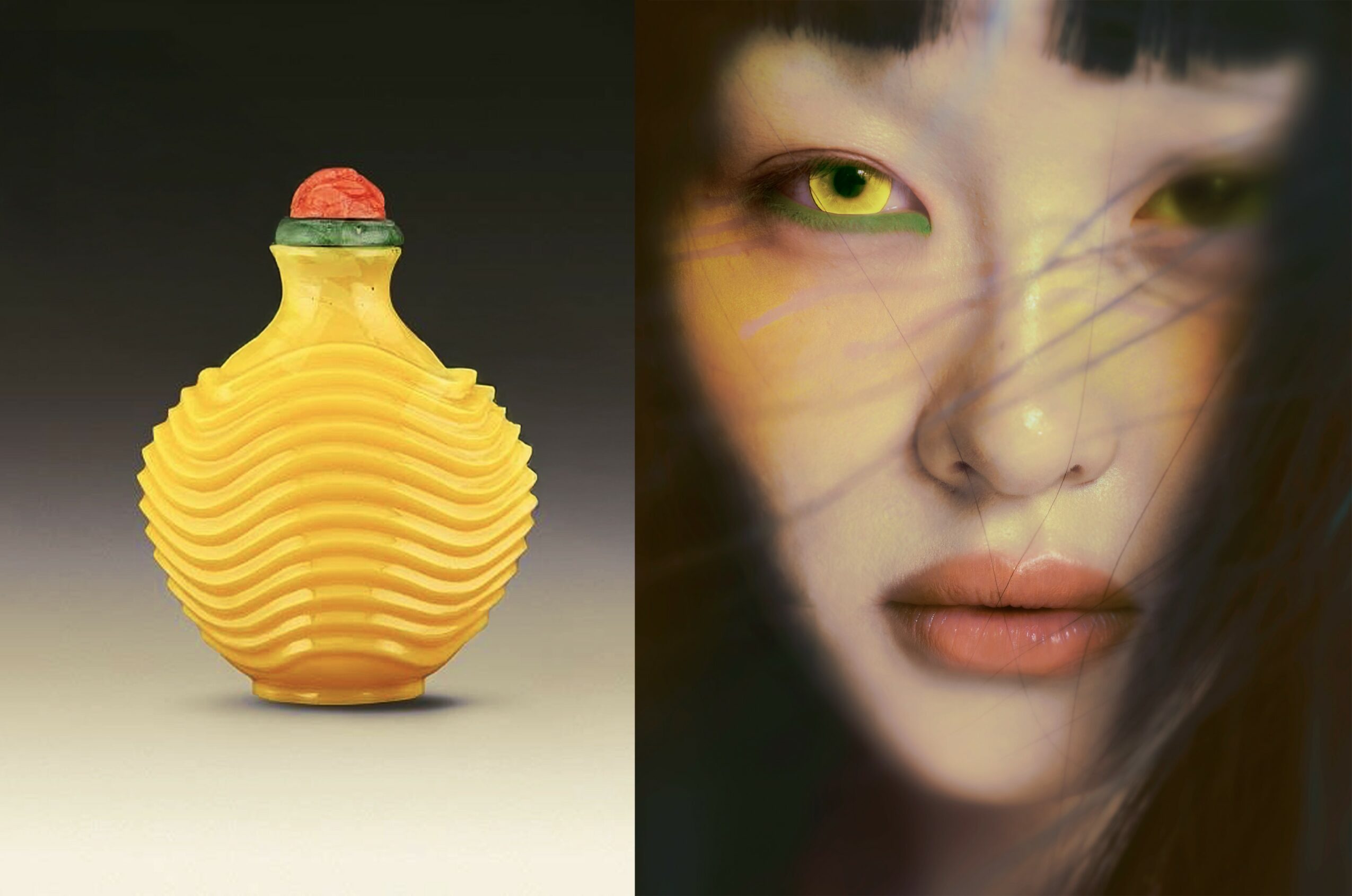 Yellow textured vase with a red and green lid on the left; close-up of a woman's face with green eyes and light makeup on the right.