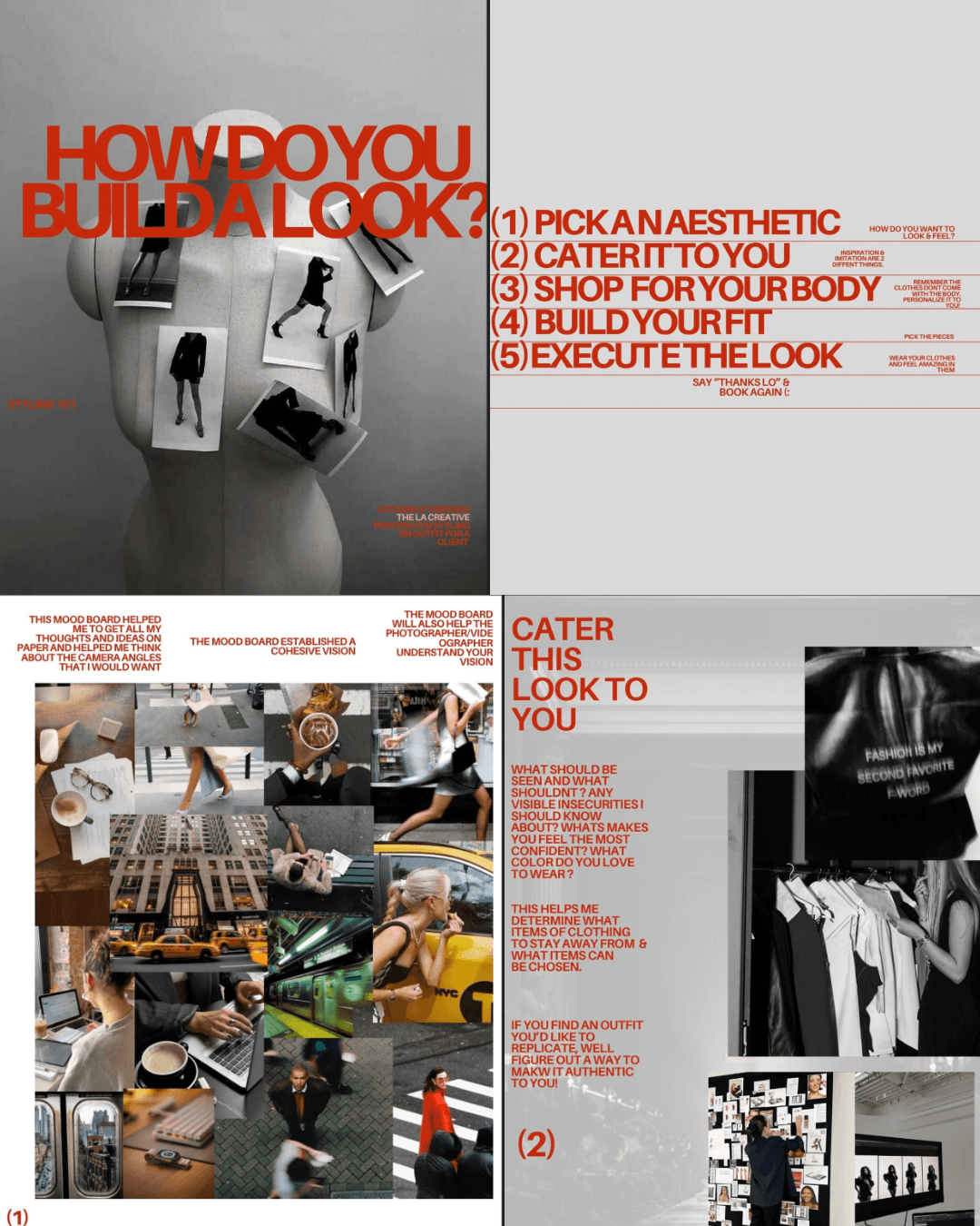Four panels with fashion and lifestyle images, text about building a look, and a list of steps for styling. Word count: 20