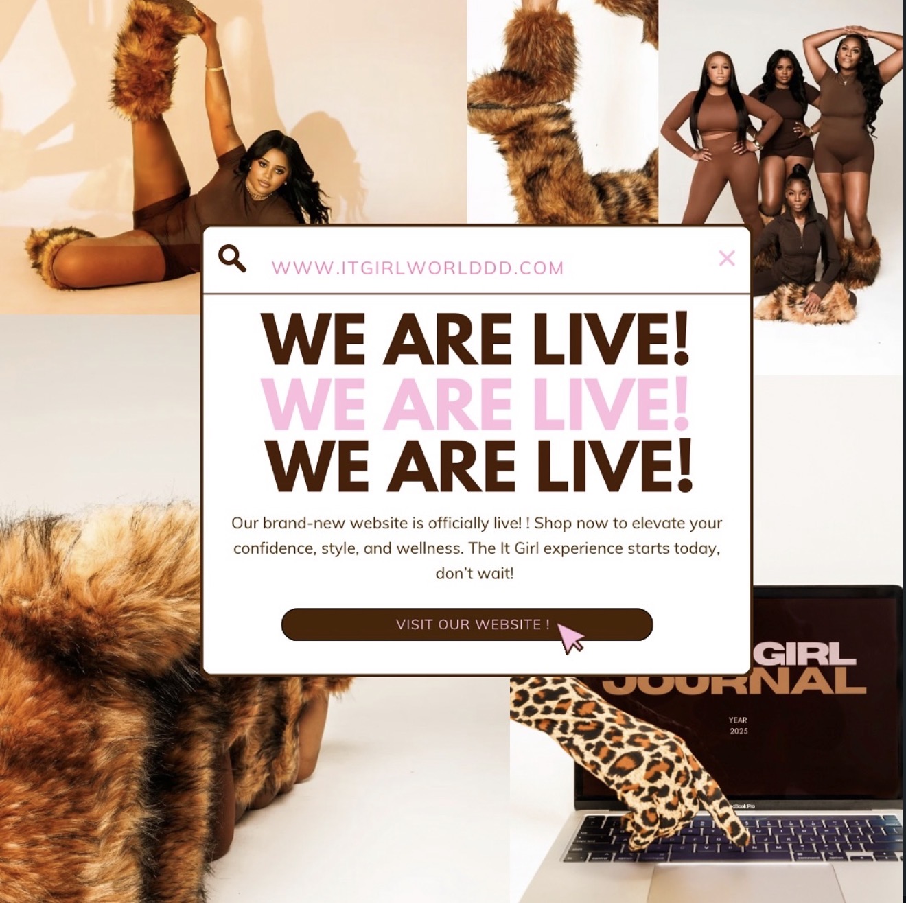 Website pop-up with bold text announcing live status, surrounded by images of women and a laptop with a leopard print cover.