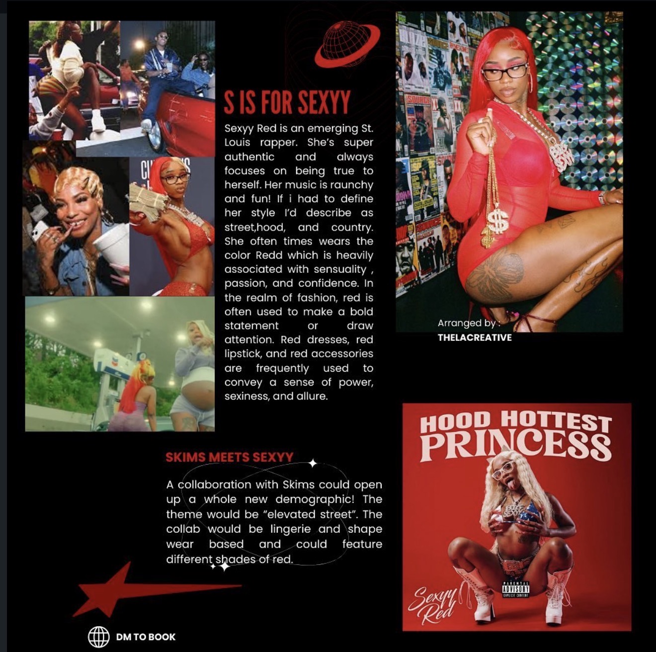 Collage of images featuring women in various poses, a woman in red, a dog, and text about entertainment and fashion, with a red background.