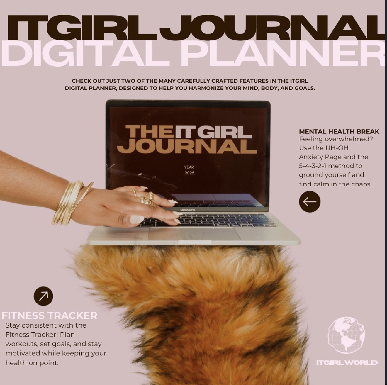 A hand with rings holds a laptop with a furry orange object underneath, on a pink background with text and icons.