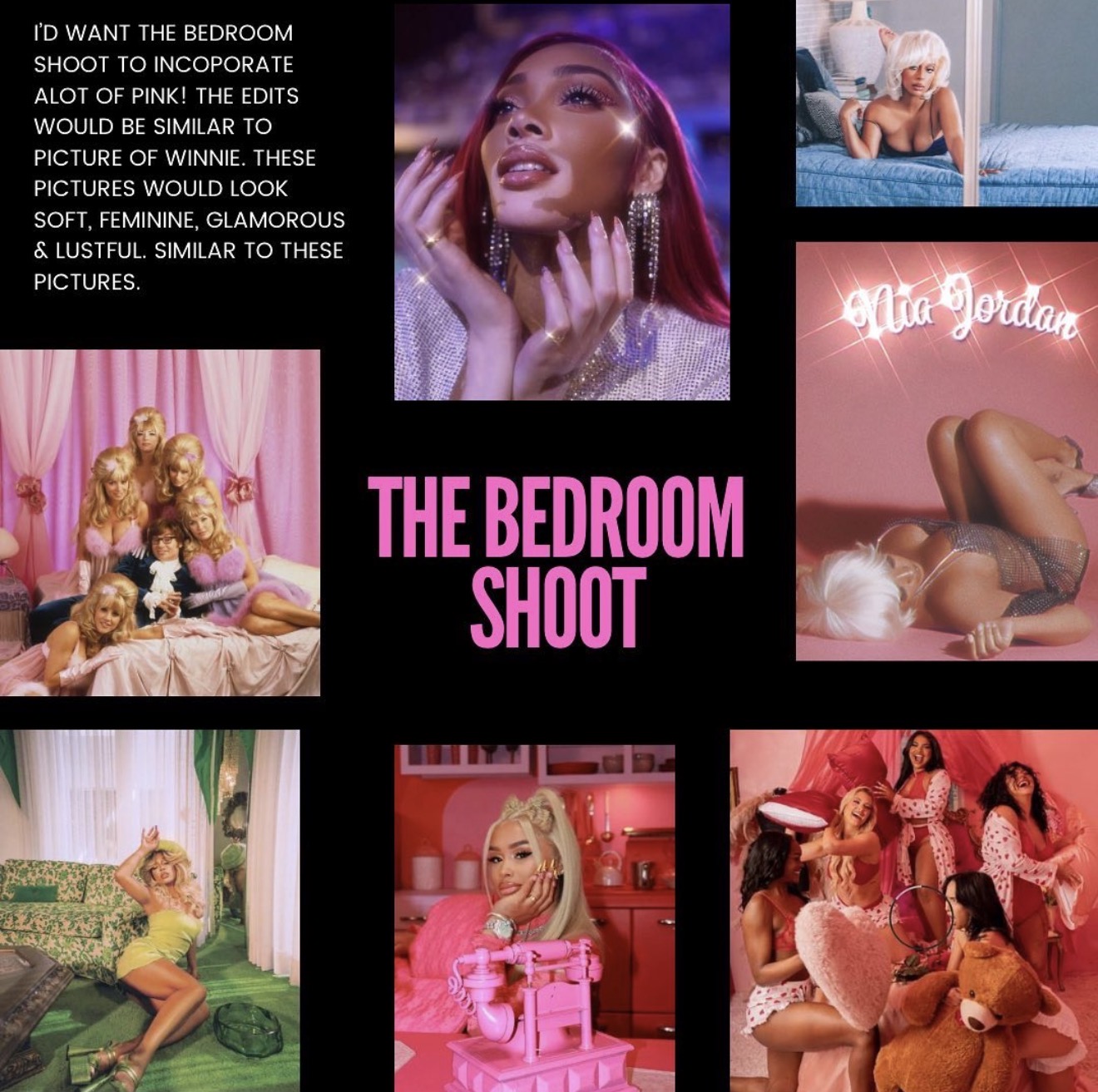 Collage of glamorous women in colorful settings, with pink and purple themes, and text about a bedroom shoot. Word count: 20.