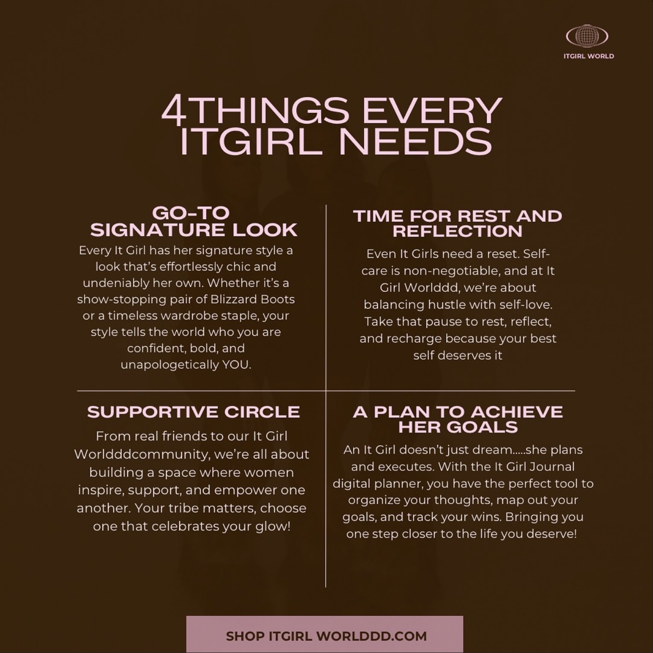 Text-based graphic with four sections about girl empowerment, rest, reflection, and goals, on a dark background. Contains a website link.