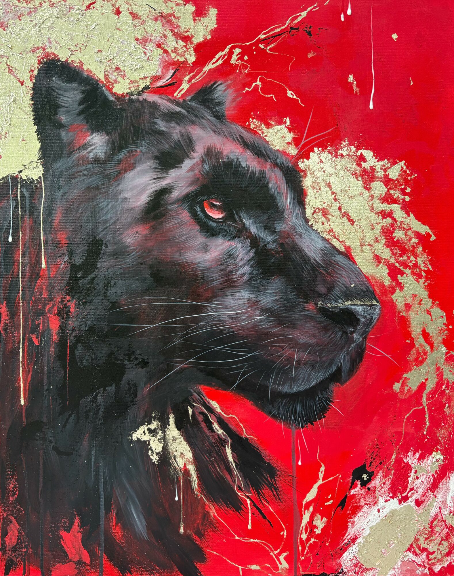 Close-up of a black panther with piercing eyes against a red and beige splattered background.