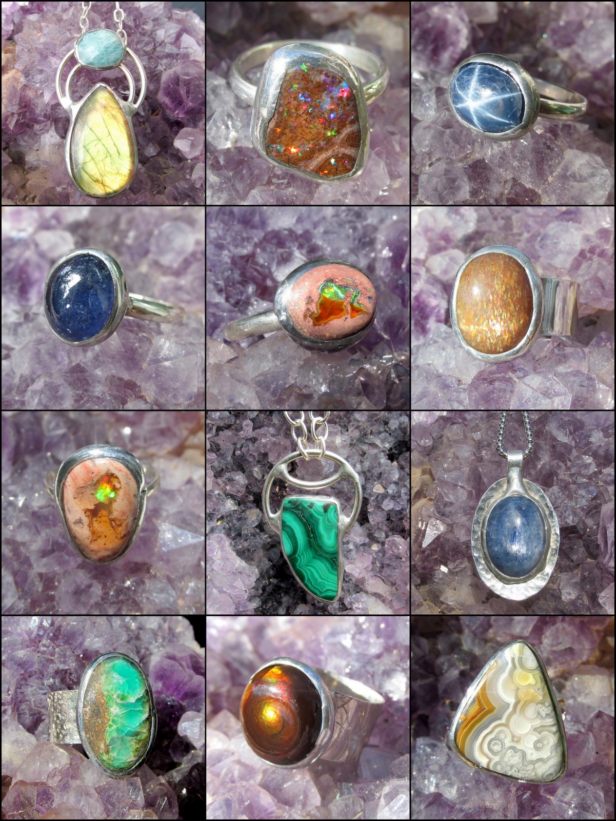 Collection of twelve gemstone and mineral pendants on purple background, various shapes and colors, some with silver settings.