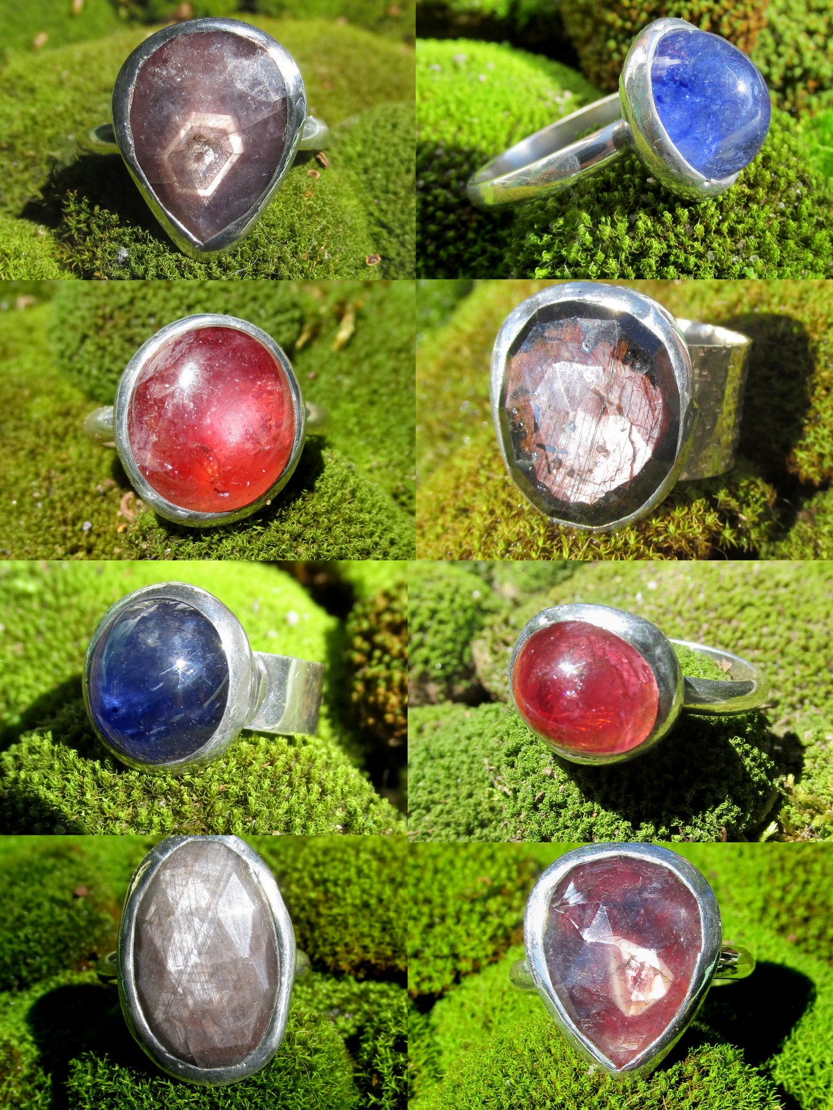 Six rings with large, colorful stones on green grass, arranged in two rows of three, with shadows cast on grass.