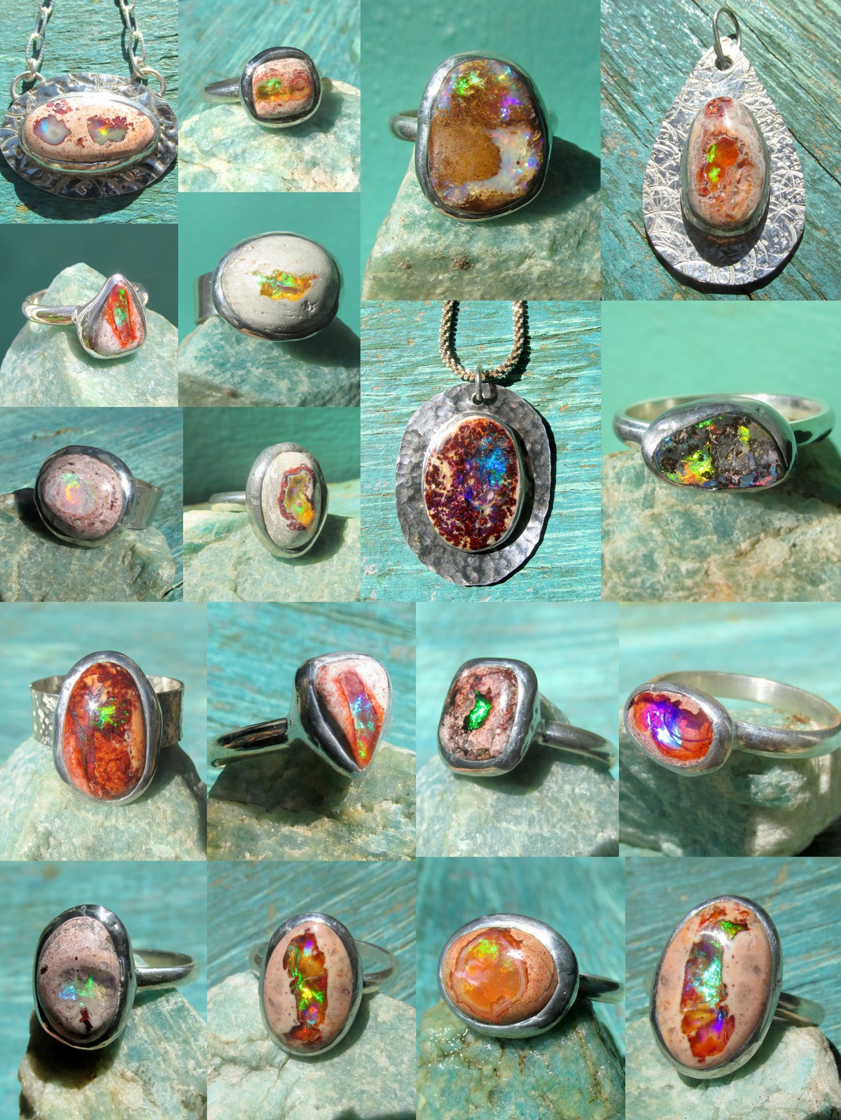 Collection of colorful gemstone and glass pendants and rings on water background, various shapes and sizes, some with intricate designs.