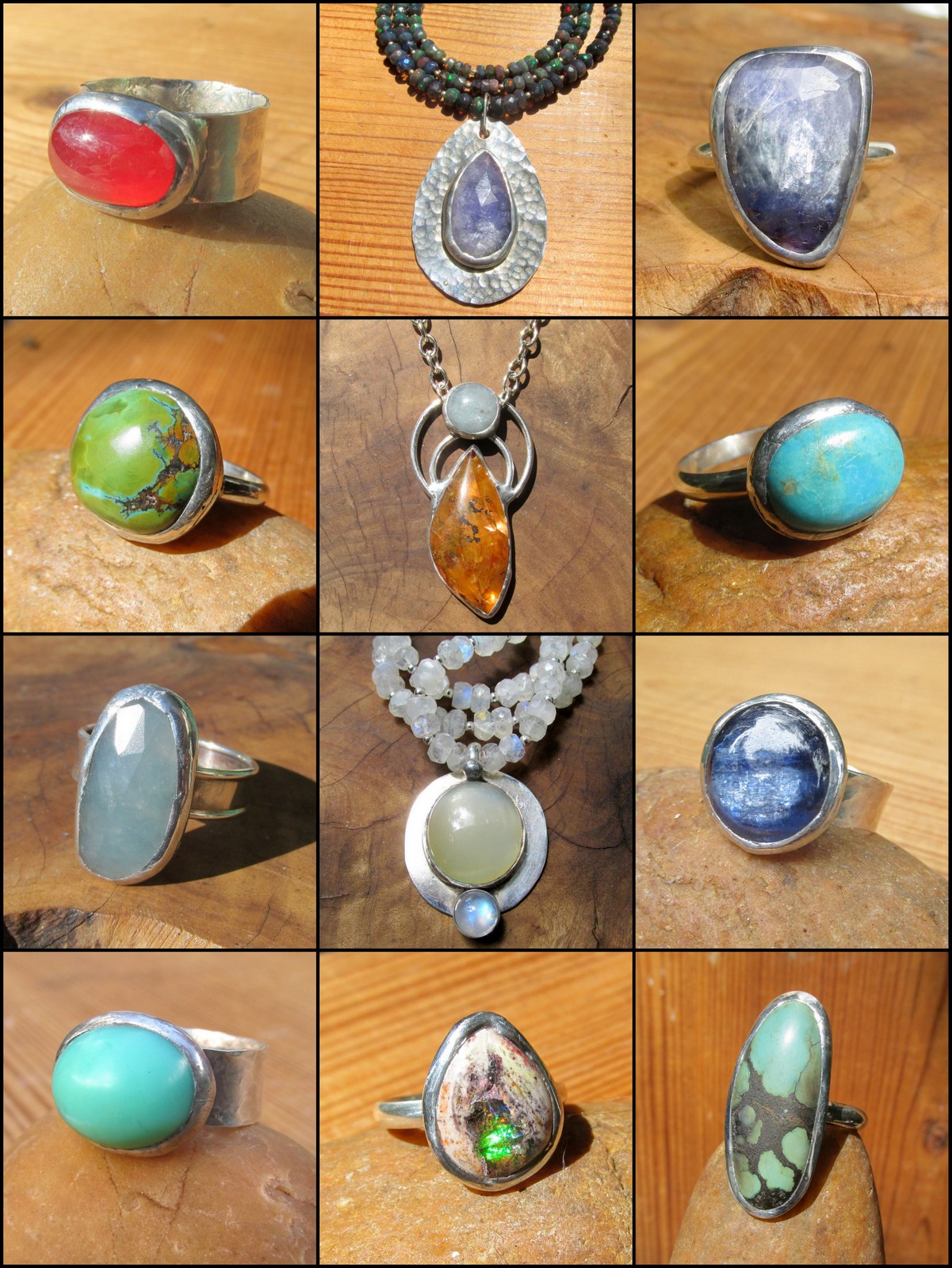 Collection of twelve rings and necklaces with various stones and designs, displayed on wooden surfaces.
