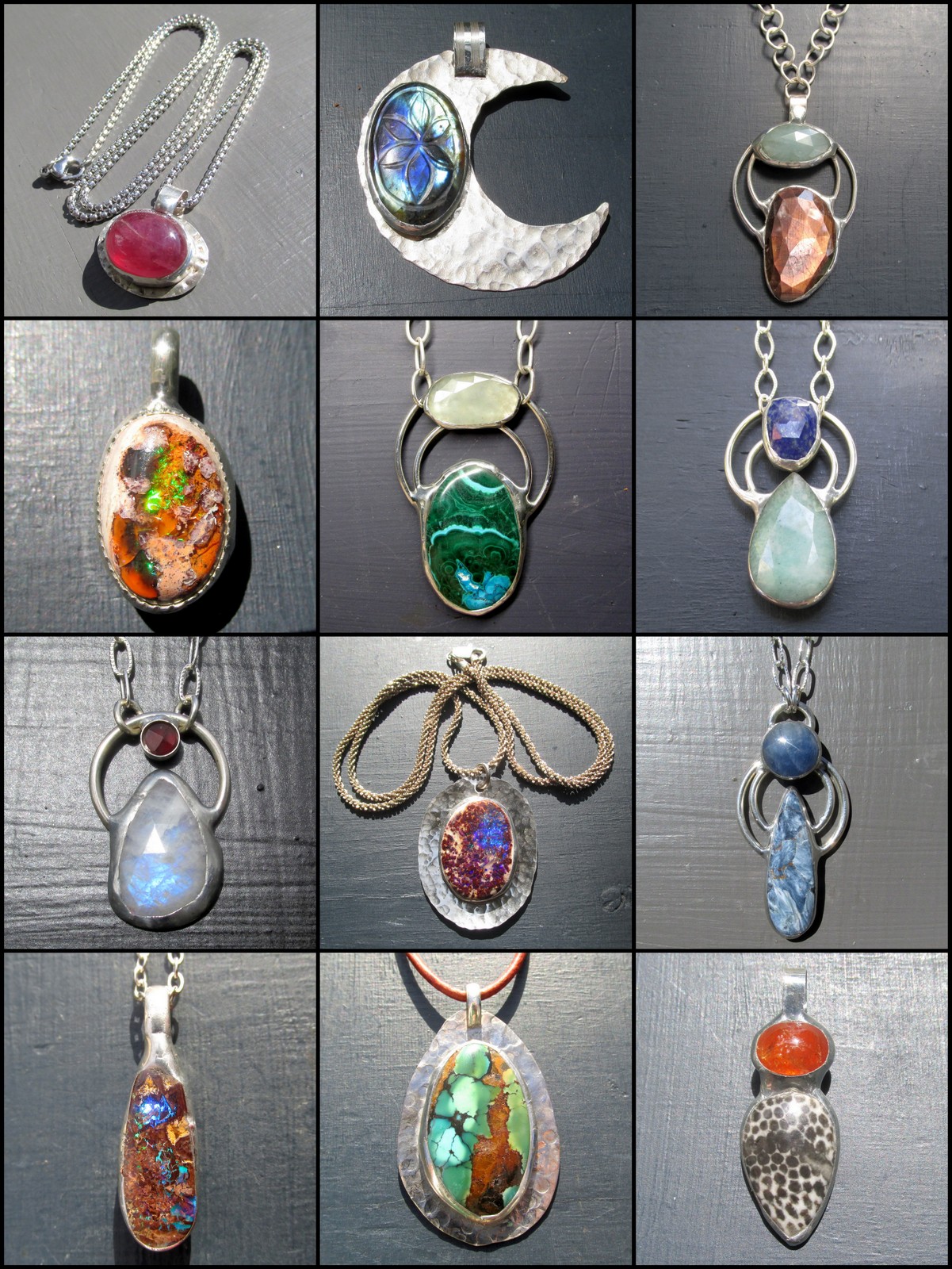 Collection of twelve jewelry pendants with various stones and designs, displayed against different backgrounds.