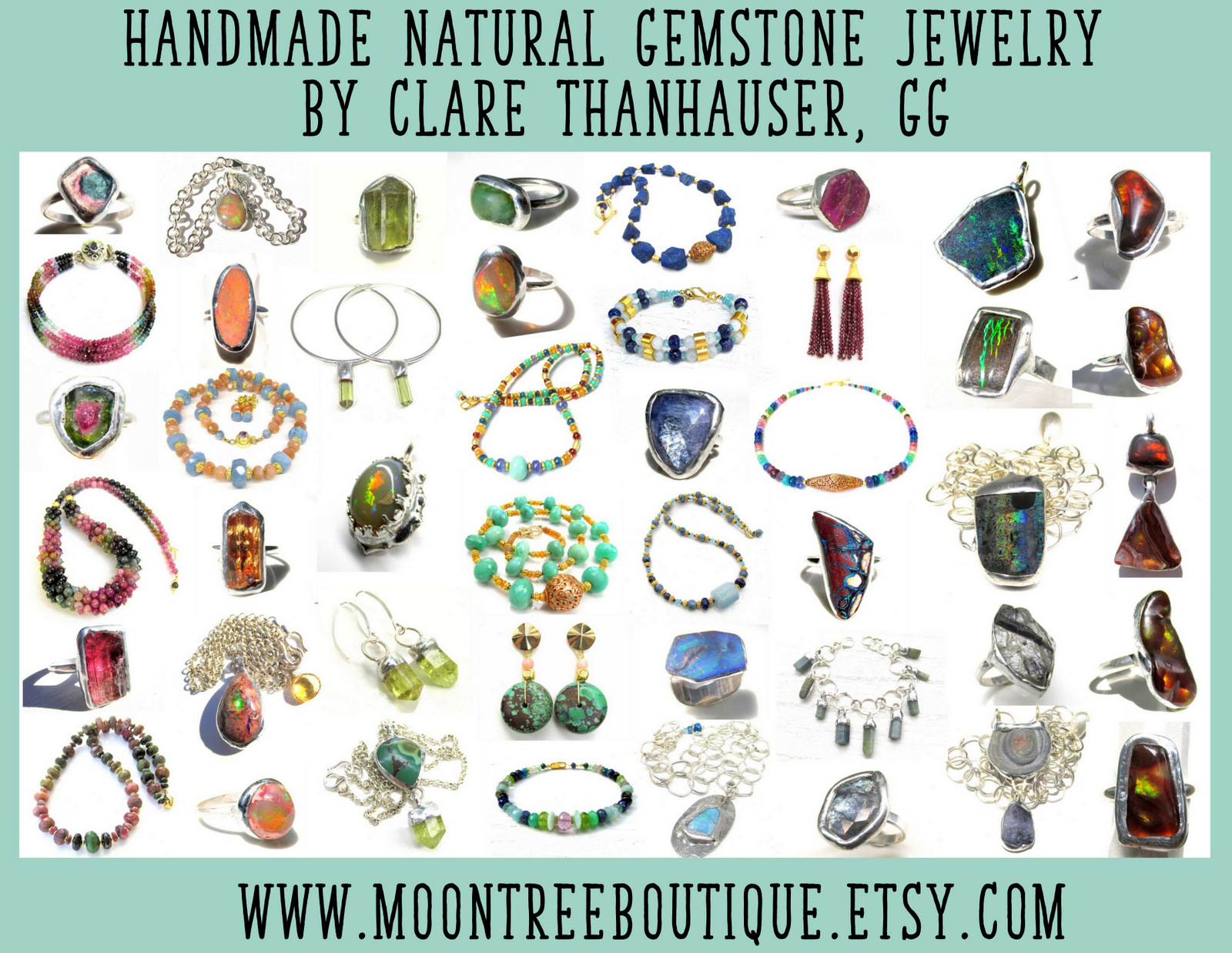 Display of handmade gemstone jewelry including necklaces, bracelets, and rings with colorful stones and beads.