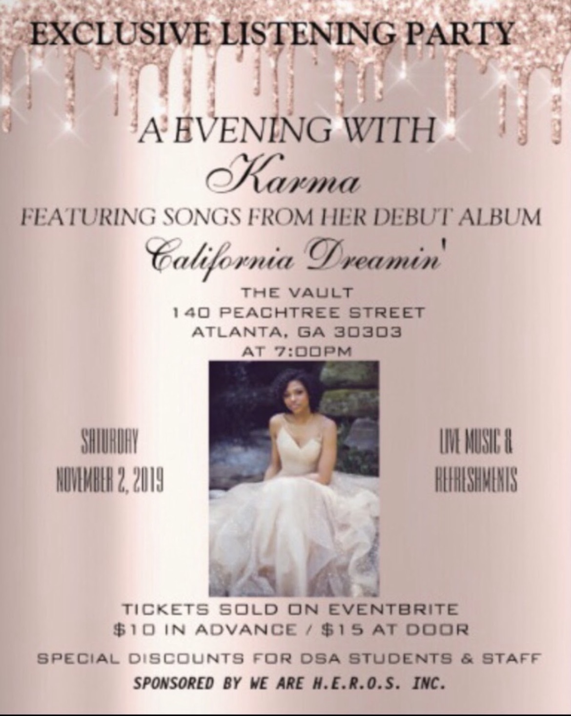 Pink event flyer with a woman in a white dress sitting outdoors, details of a listening party for Karma's debut album, November 2, 2019.