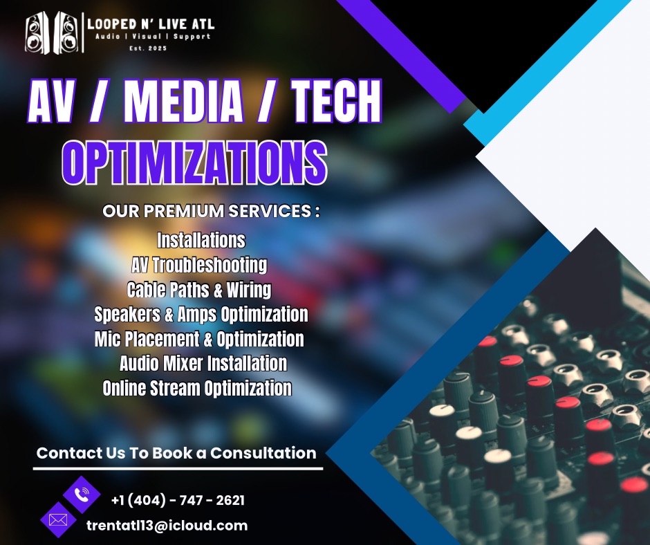 Advertisement for AV/media/tech optimization services, listing offerings like installations, troubleshooting, wiring, and streaming, with contact details.