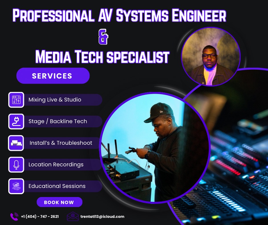 Advertisement for AV systems engineer and media tech specialist services, featuring a person working with audio equipment and a portrait of a man.