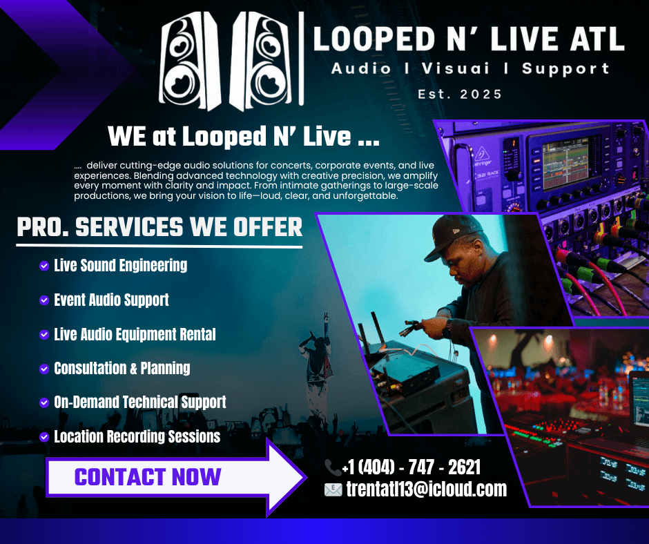 Advertisement for Looped N' Live ATL audio and visual support services, featuring a person working with audio equipment and contact details.