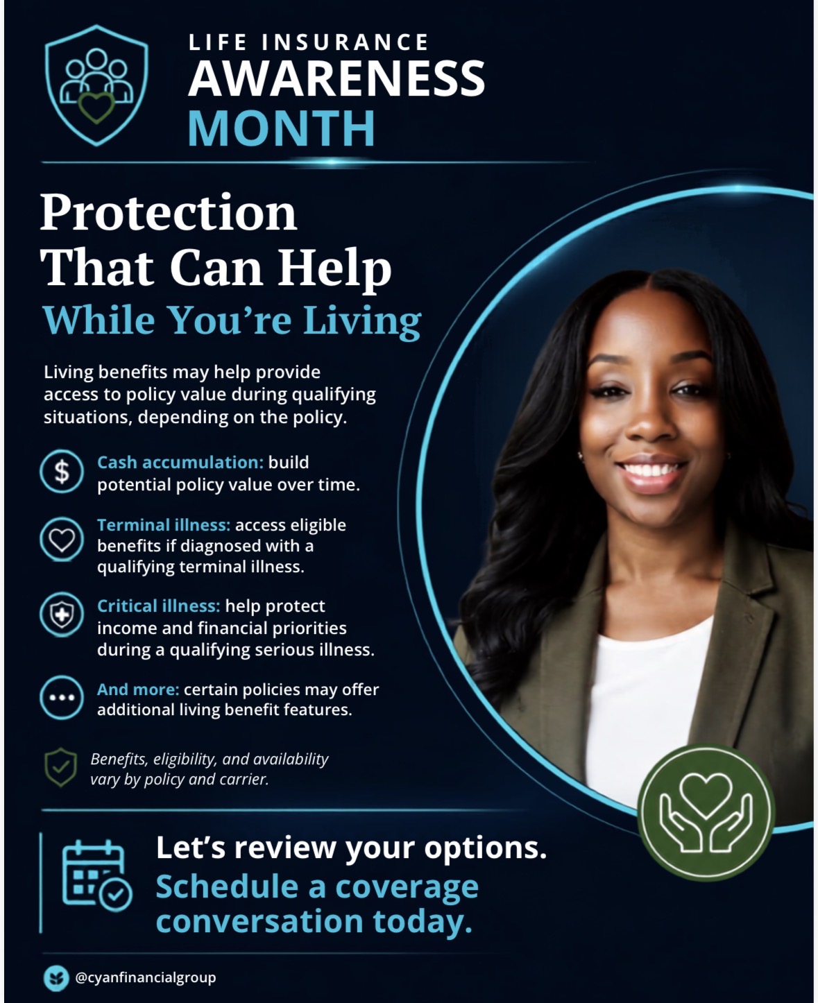 Digital poster promoting life insurance awareness month, featuring a smiling woman, health icons, and text about protection benefits and scheduling coverage conversations.