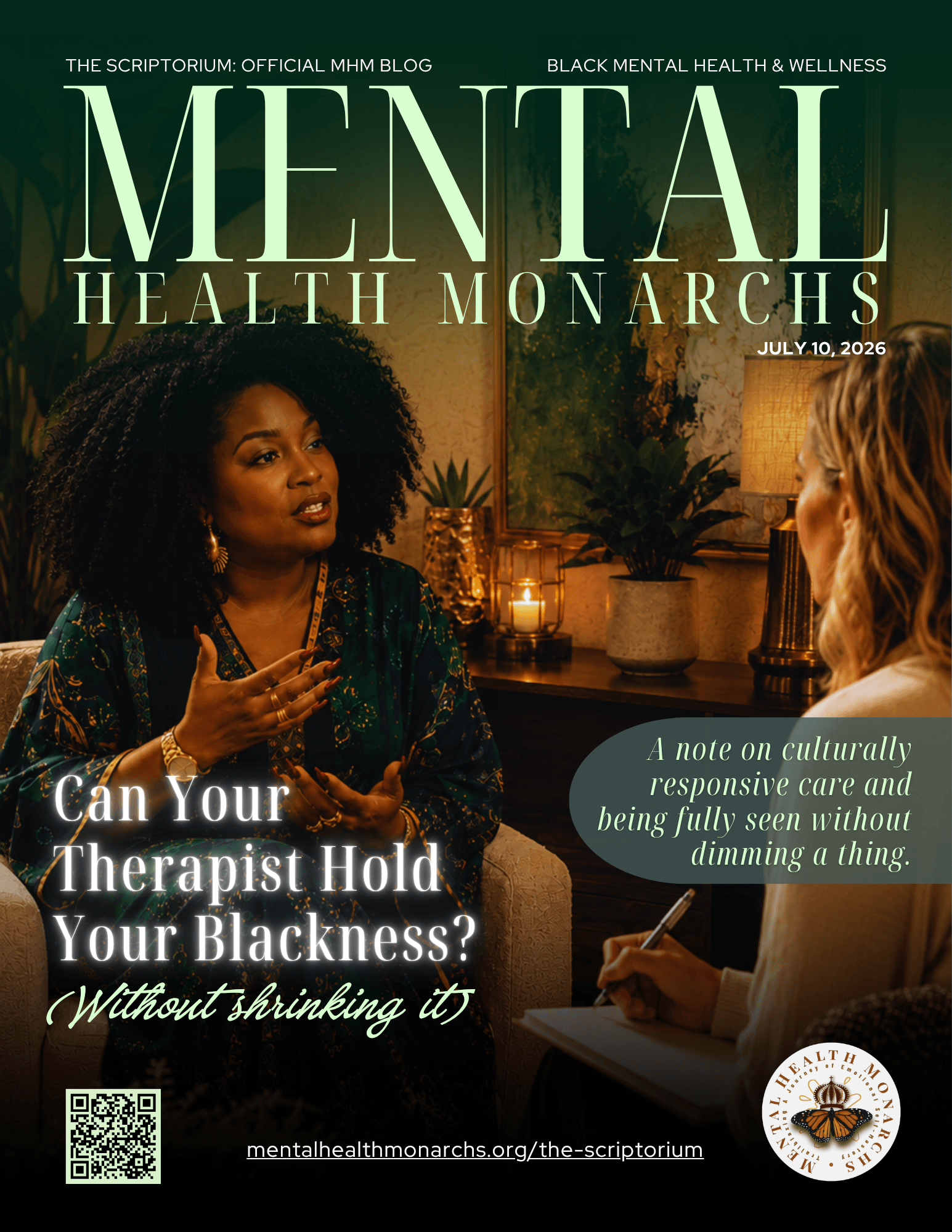 Two women engaged in conversation in a dimly lit room with plants and candles, discussing mental health topics.