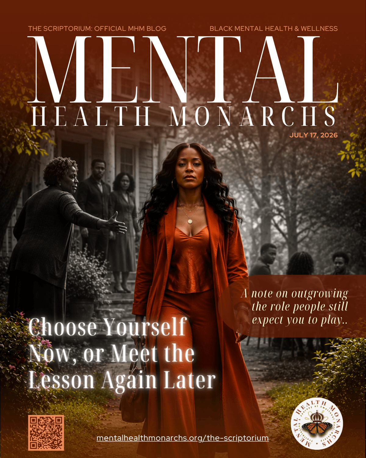 A woman in a red jacket stands outdoors with trees and people in the background, promoting mental health awareness.