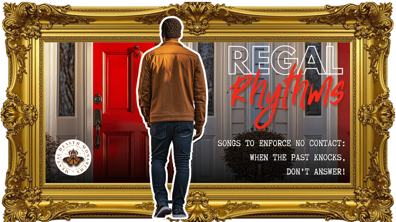 Person standing in front of a door and a sign with text about songs and contact, framed by an ornate gold border.