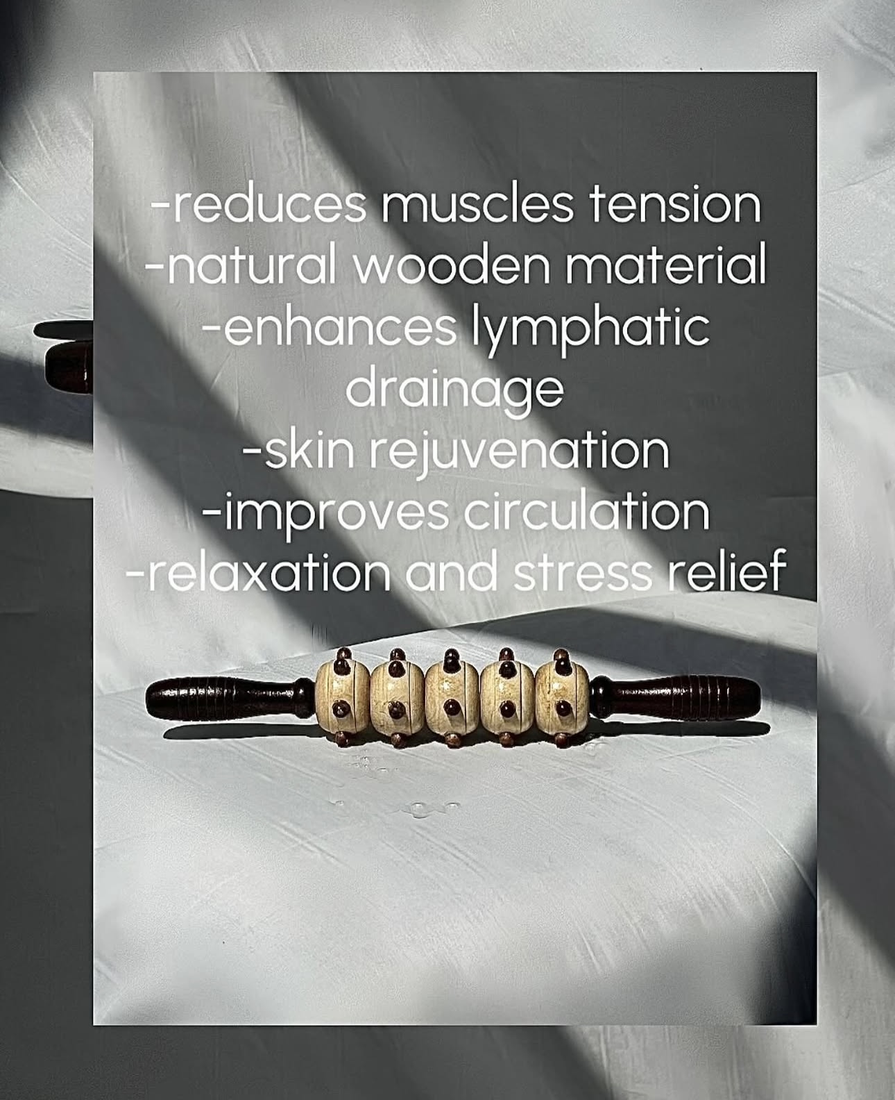 Text listing benefits of a massage tool, including muscle tension reduction and stress relief, with a wooden massage roller below.