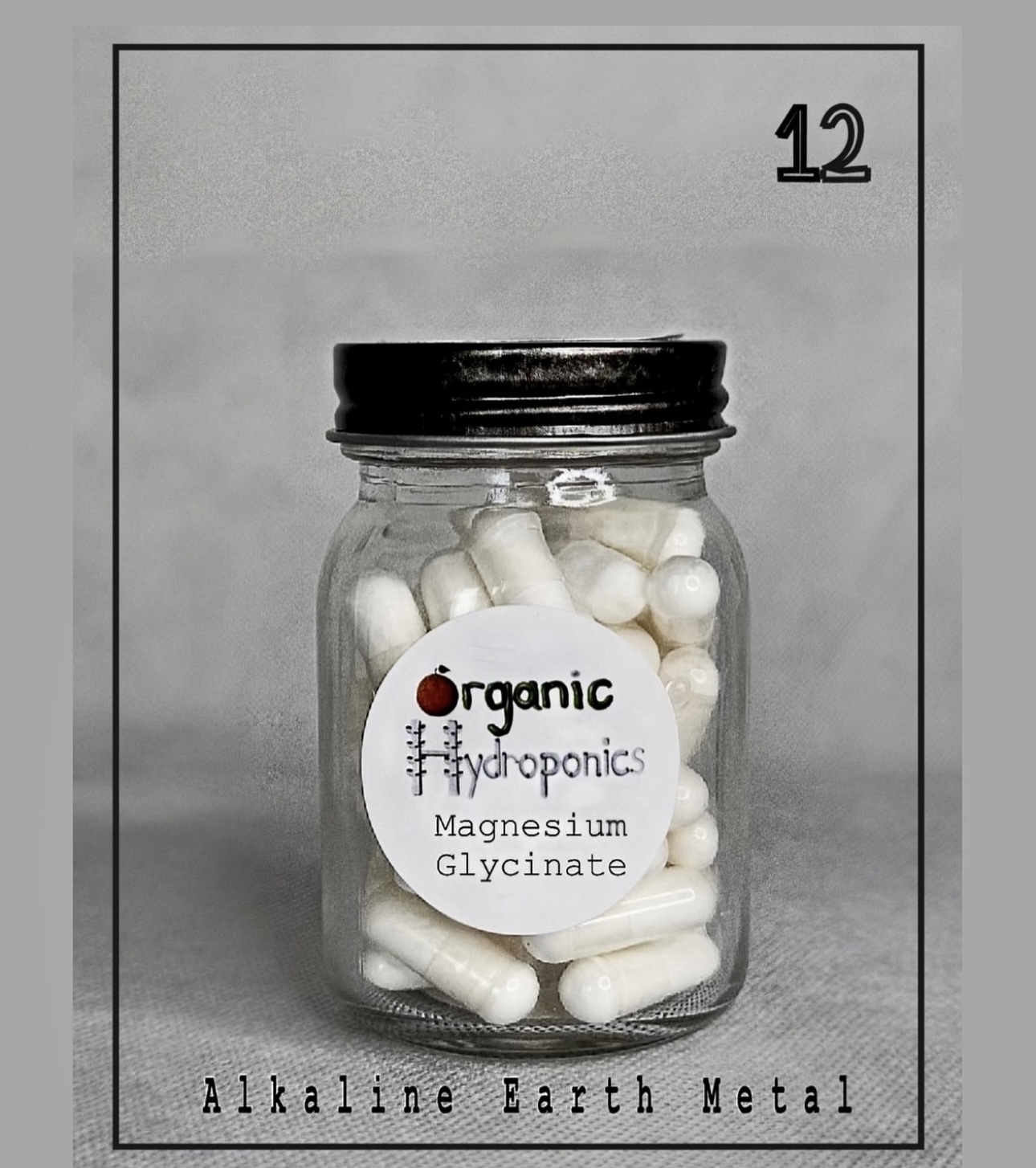 A jar filled with white capsules labeled 'Magnesium Glycinate' on a gray background, with text and border around the image.