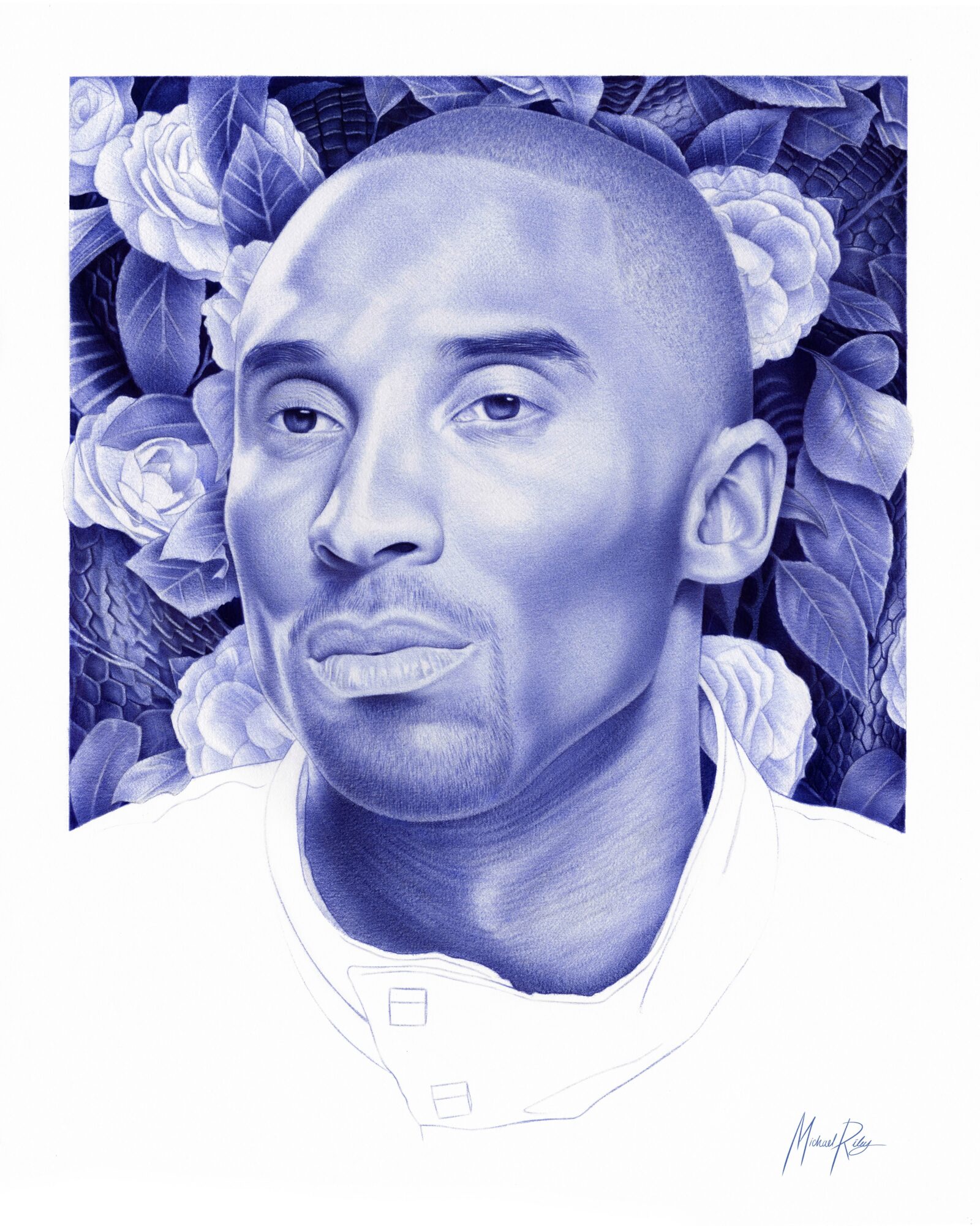 Portrait of a bald man with a serious expression, surrounded by detailed floral background, in shades of blue and white.