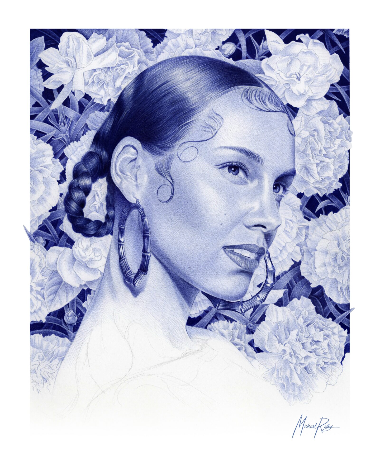 Portrait of a woman with braided hair and hoop earrings surrounded by flowers, in blue monochrome.