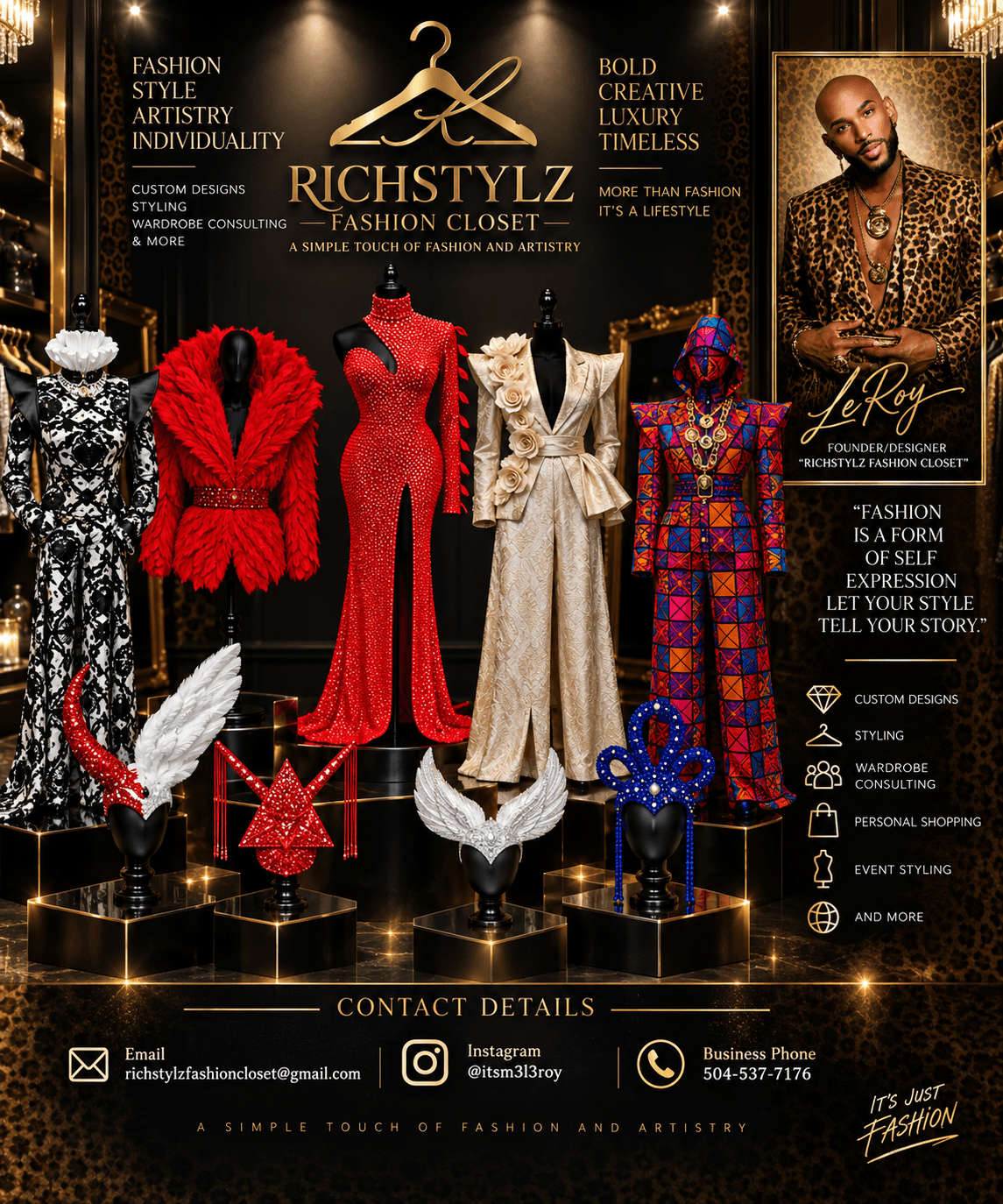 Display of five mannequins dressed in colorful, elegant outfits in a fashion closet with promotional posters and contact info.