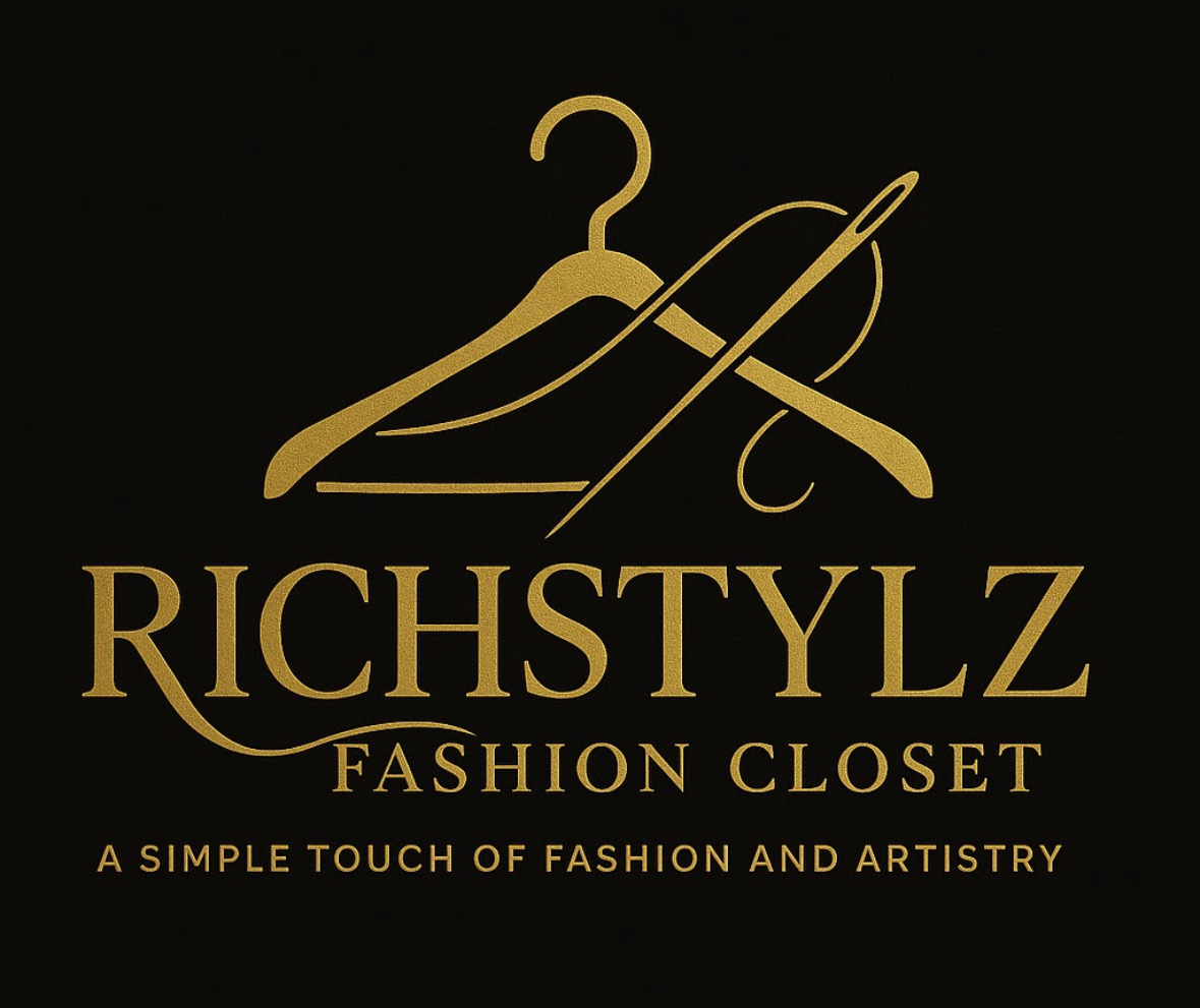 Logo with hangers and needle, text reads 'RichStylz Fashion Closet' and 'A simple touch of fashion and artistry'.
