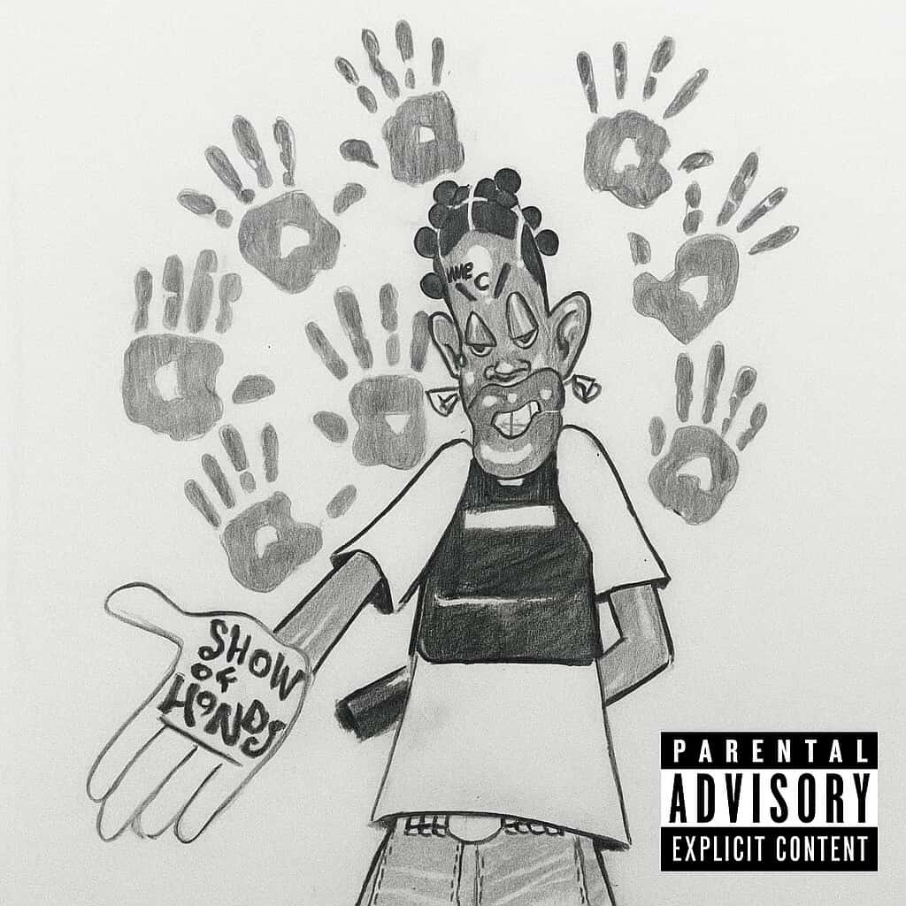 Drawing of a person with a big smile, holding a sign that says 'SANDY SHOW,' surrounded by handprints.