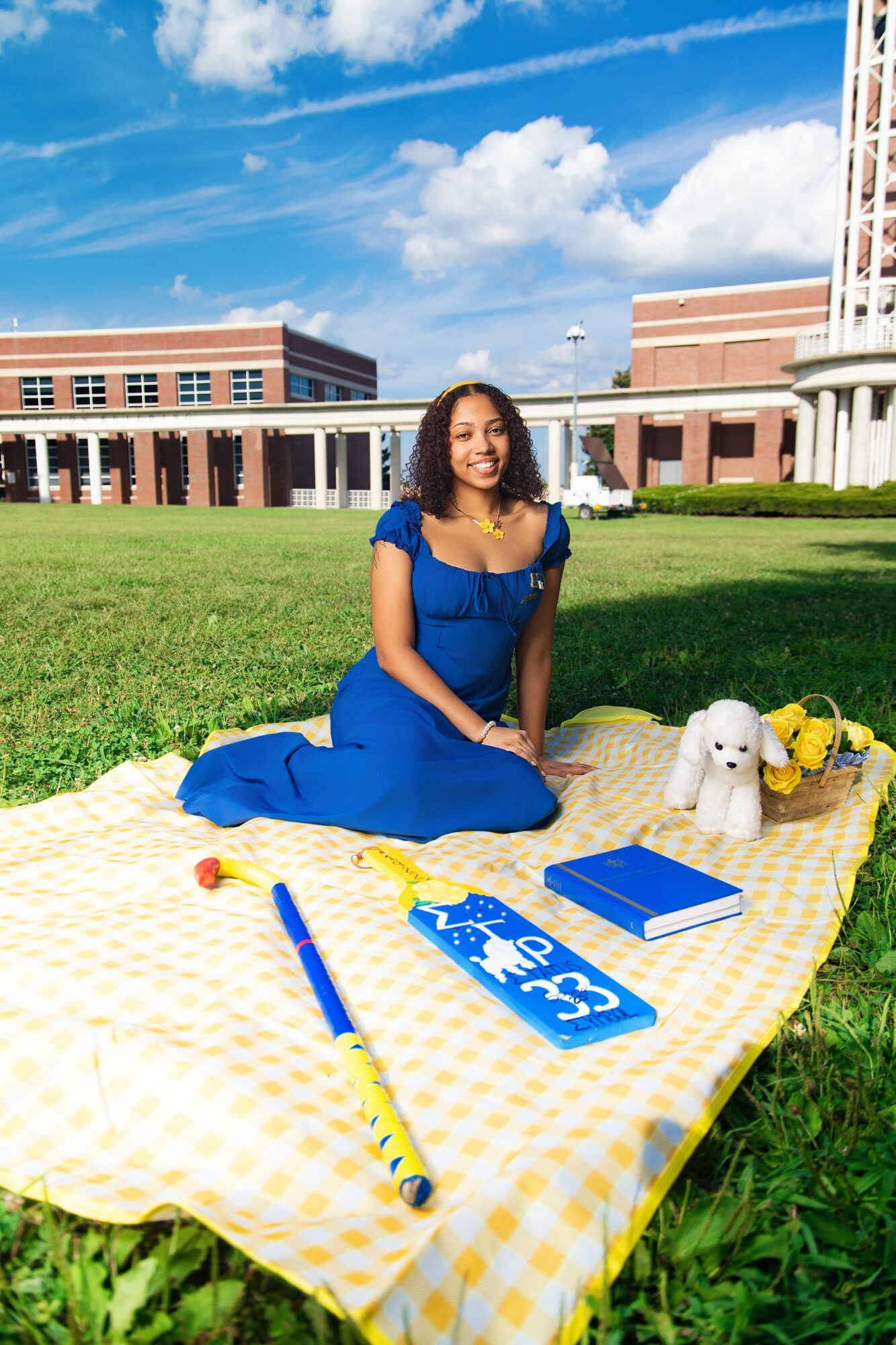 Young woman in blue dress sitting on a yellow checkered blanket outdoors with a white puppy, books, and a yellow flower, under a blue sky.