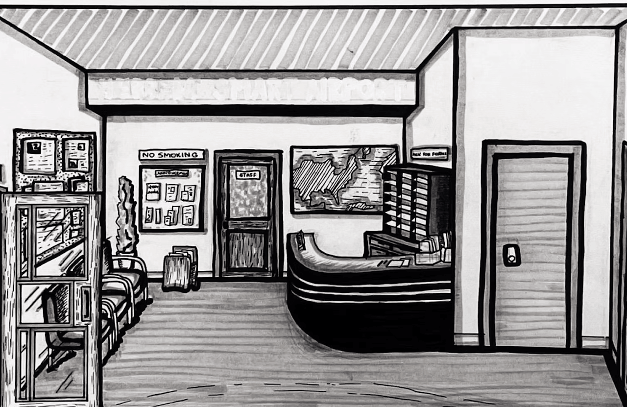 Interior room with a reception desk, door, framed picture, and shelves, in black and white line drawing.