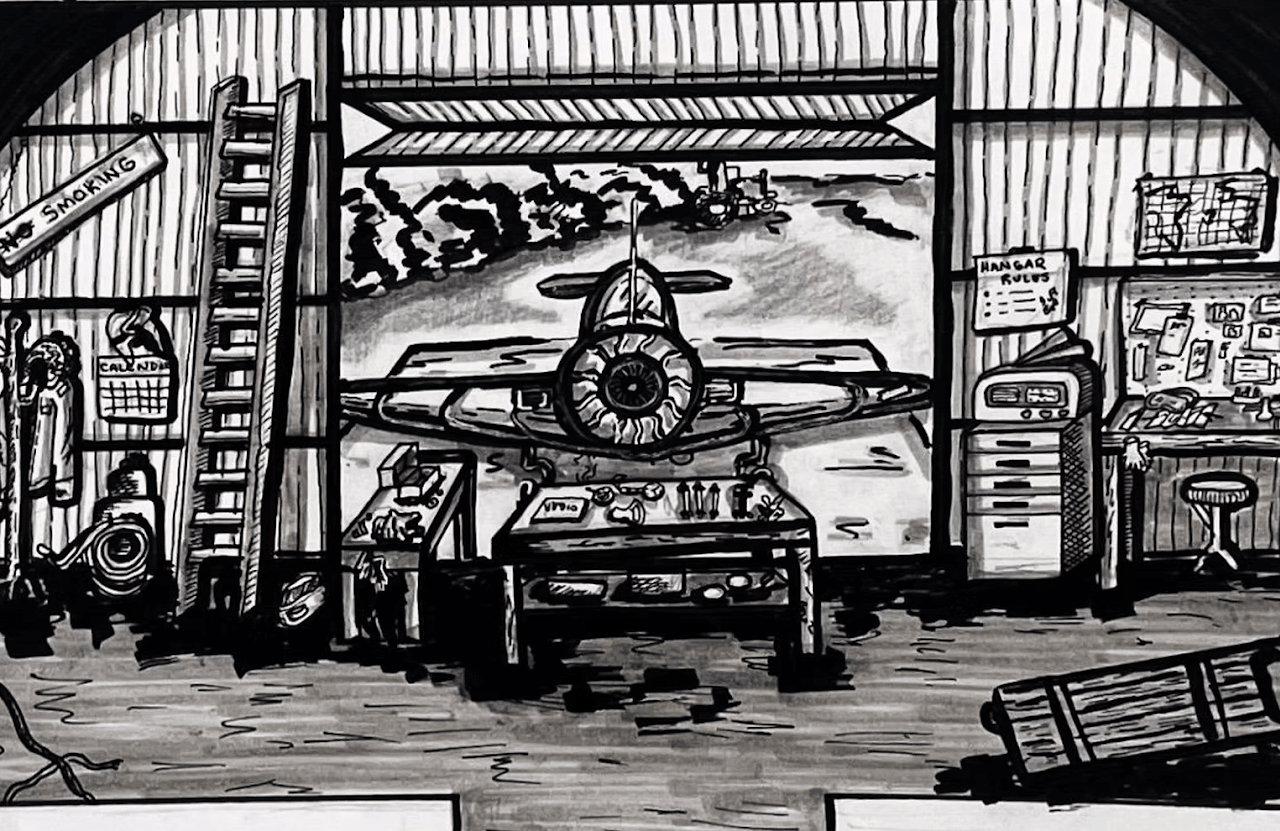 Black and white drawing of an aircraft inside a hangar, with tools and equipment around, and a view of the runway outside.