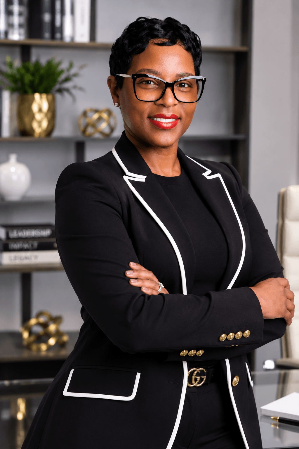 Woman with short black hair and glasses, wearing a black blazer with white trim, standing with arms crossed in an office.
