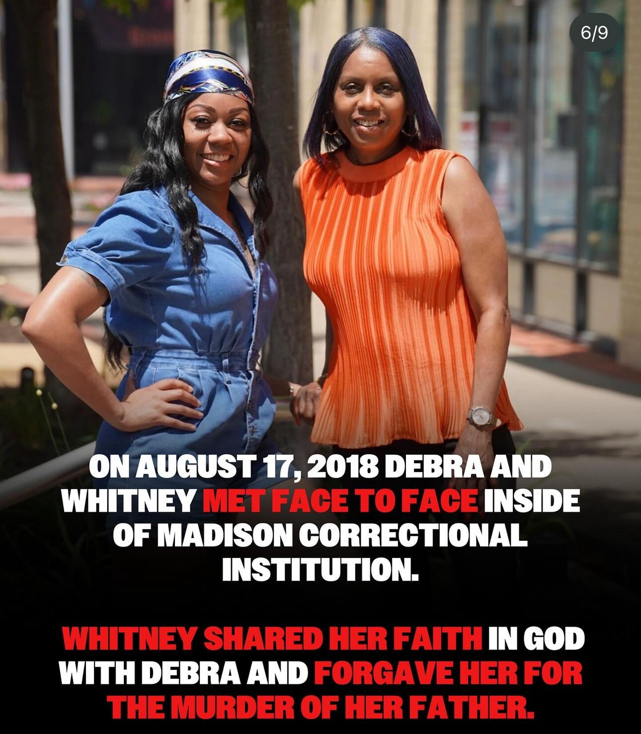 Two women standing outdoors, smiling, one in a blue shirt and the other in an orange dress, with text overlay about an event.