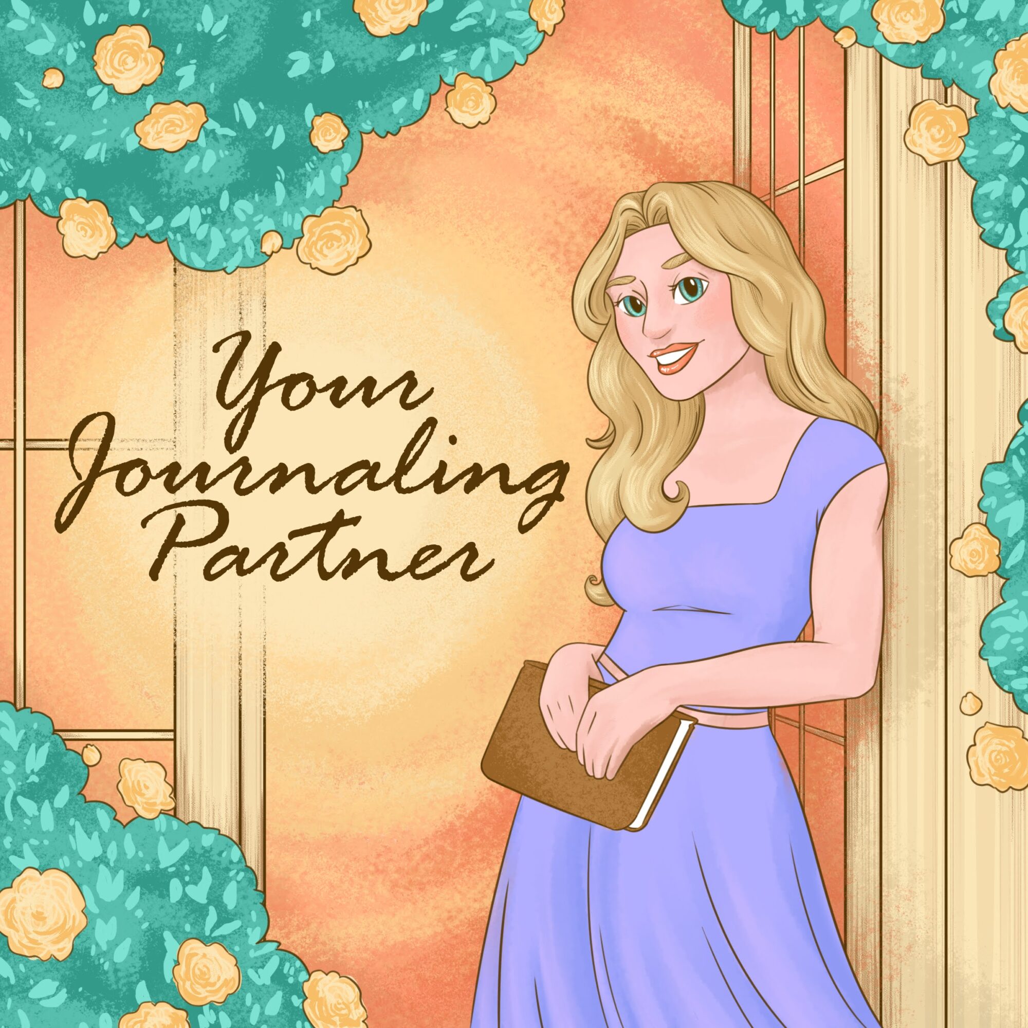 A woman with long blonde hair in a blue dress holding a journal, surrounded by flowers and a warm background.