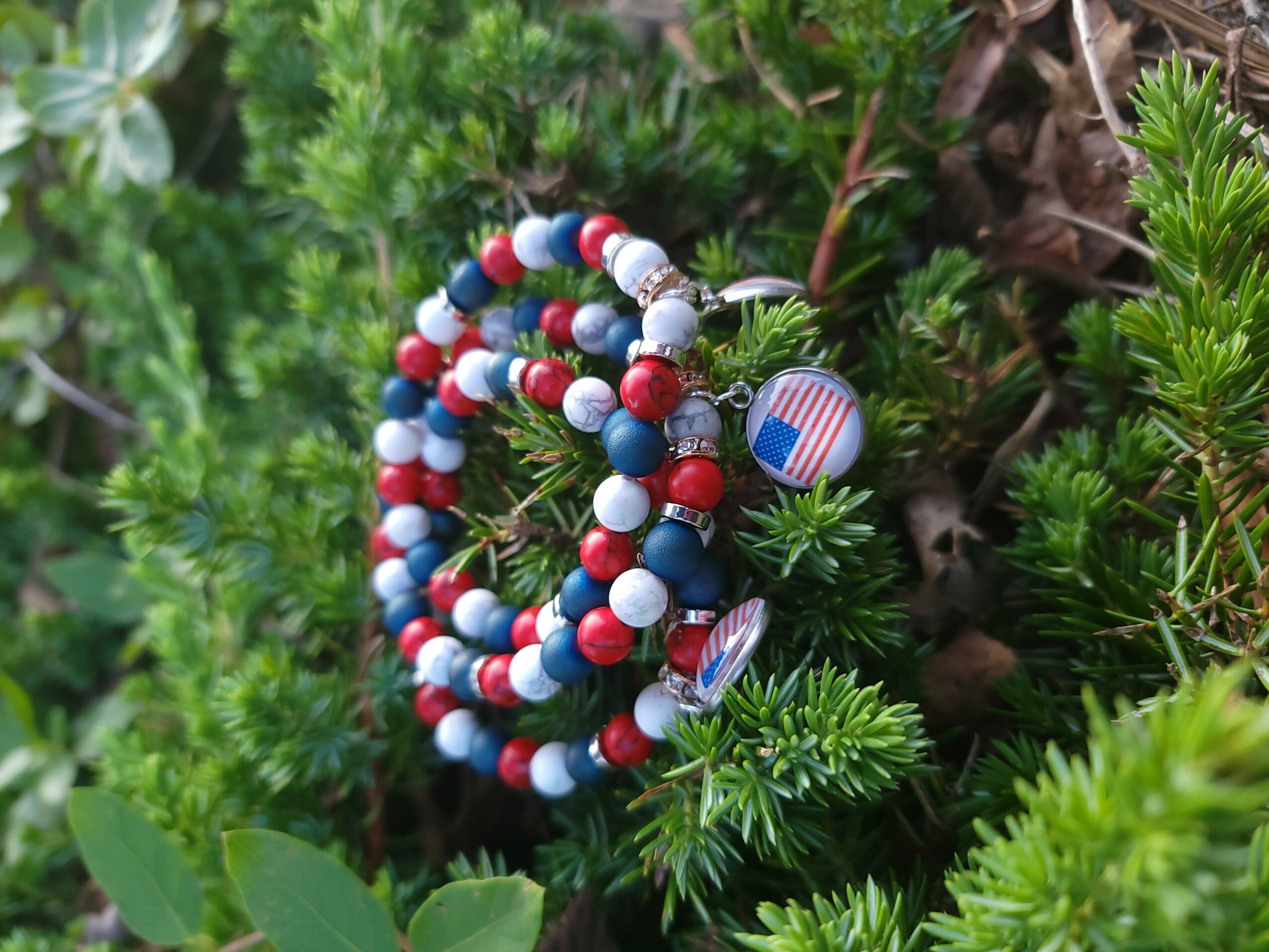 Colorful beaded bracelet with patriotic-themed charms resting on green foliage.