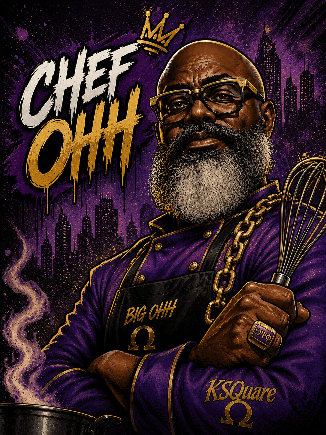 A bearded man with glasses wearing a purple chef outfit, holding a whisk, with a city skyline background and text 'CHEF OHH'.