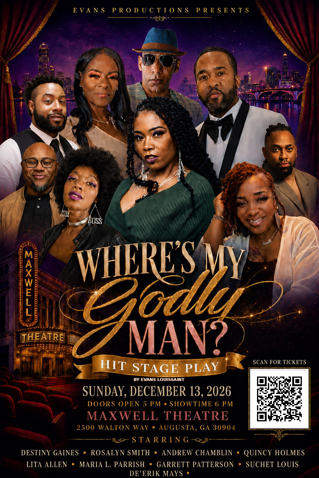 Group of nine people posing on stage with city skyline background, promotional poster for a play titled