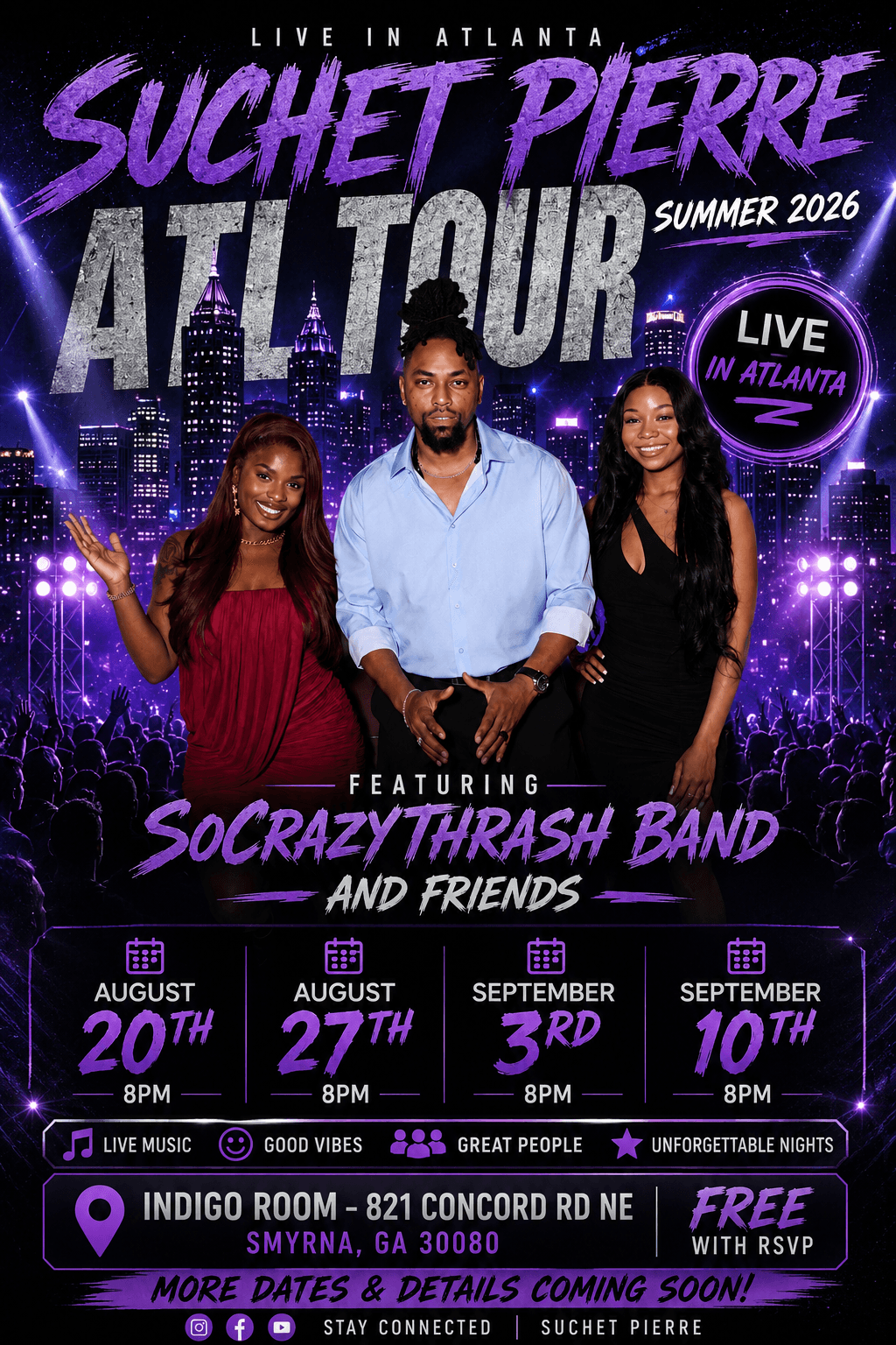 Three people on stage with purple and blue lights, concert poster background, event details below.