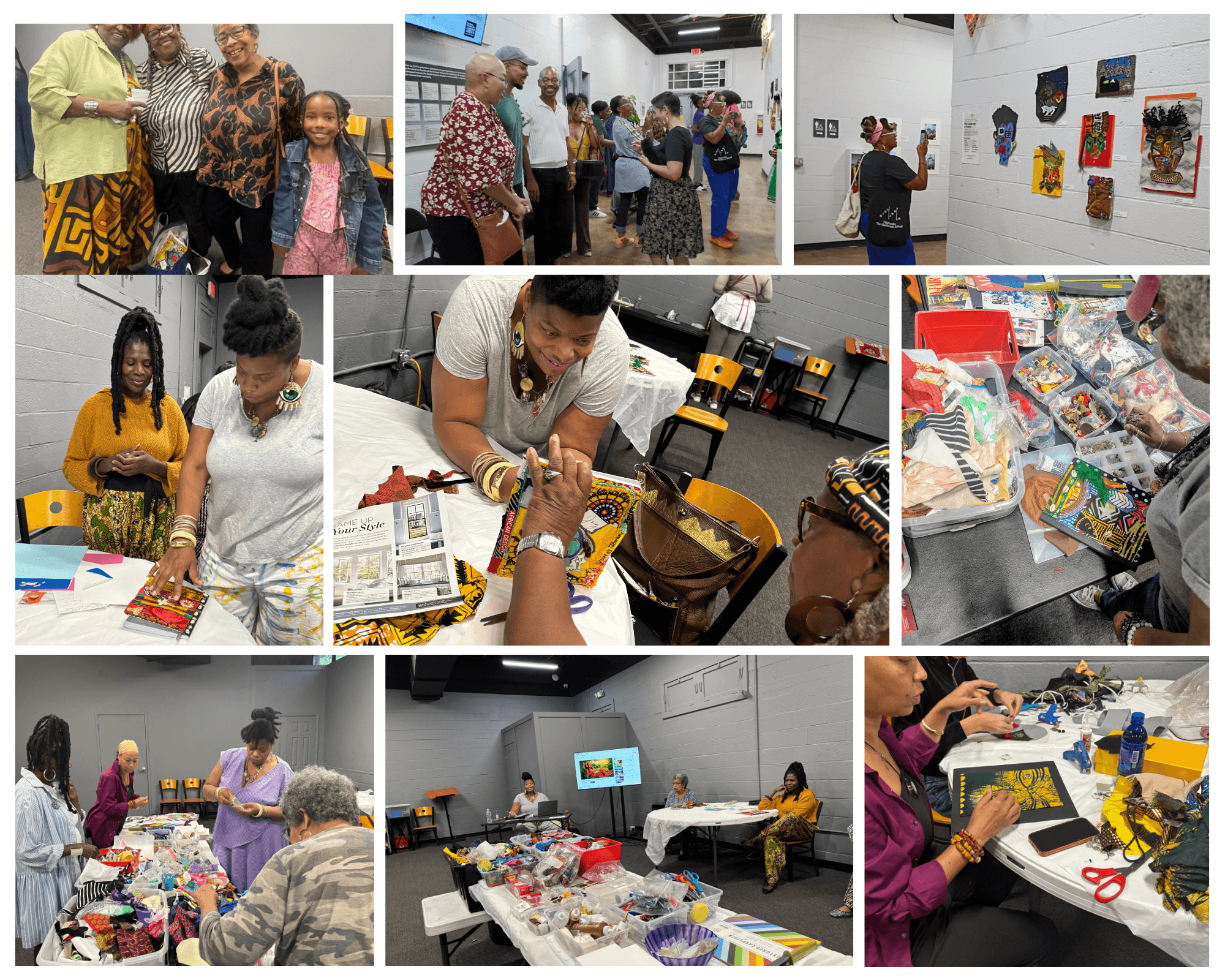 People viewing and creating art in an indoor gallery and workshop space, with tables, artwork, and art supplies visible.