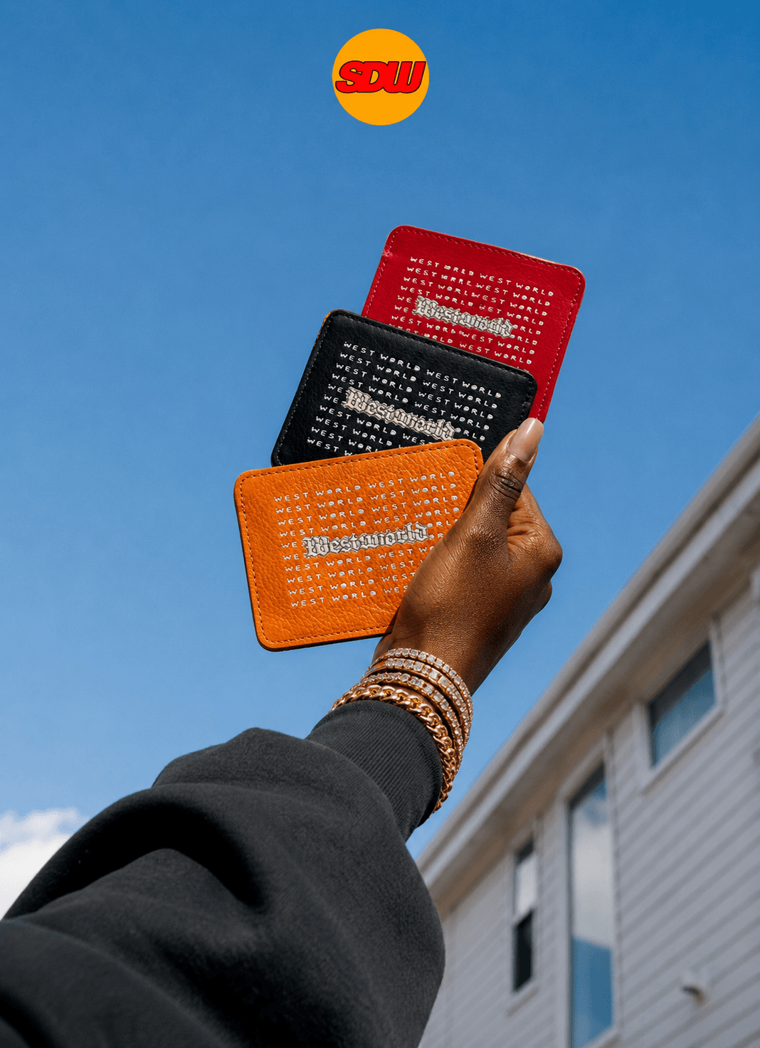 Person holding three colorful wallets against a blue sky with a house in the background.
