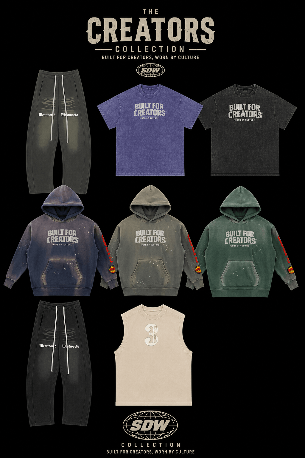 Display of various clothing items including pants, t-shirts, hoodies, and a vest, all with 'Built for Creators' text, on a black background.