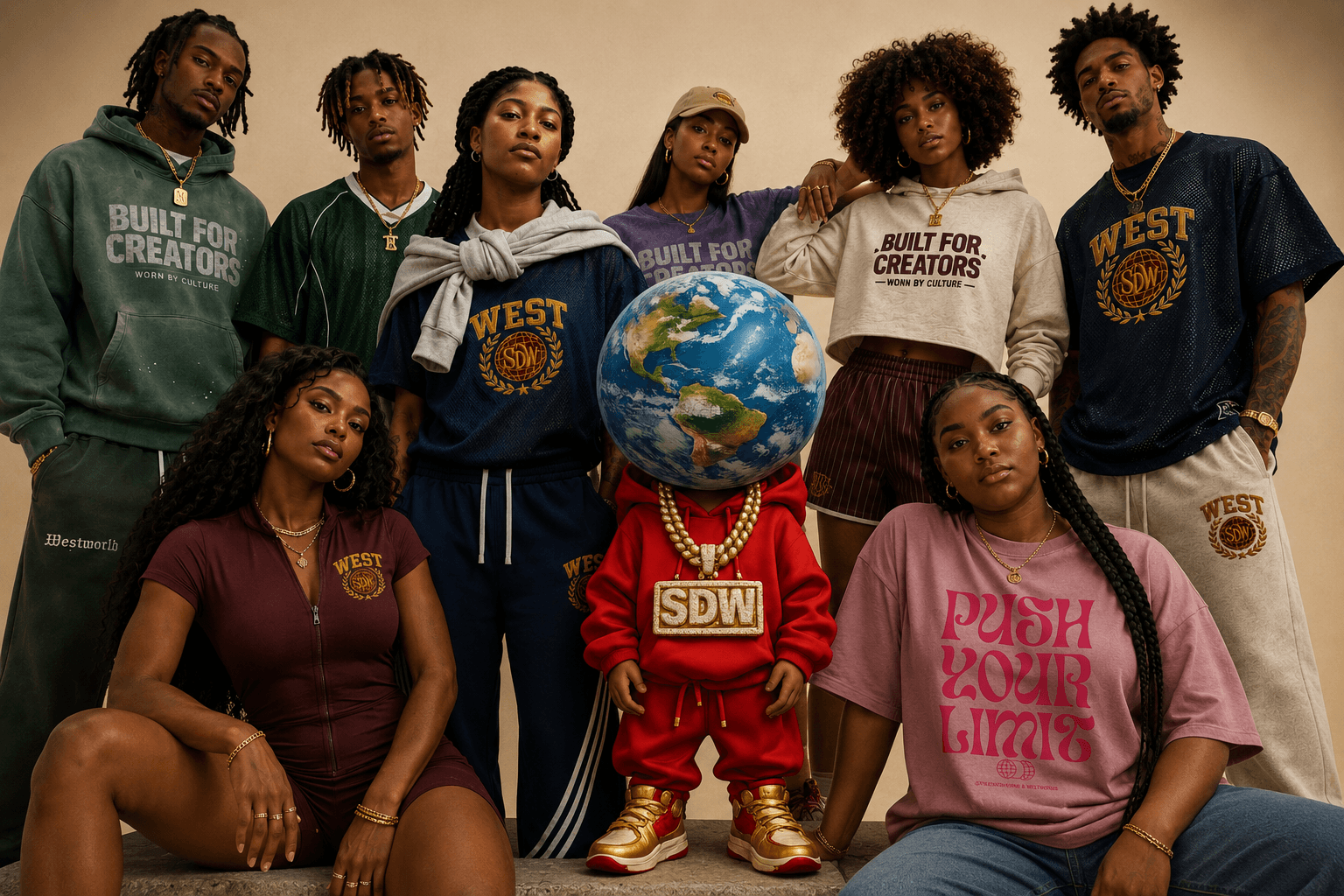 Group of nine people, some with dreadlocks, standing and sitting, with a globe in the center, wearing casual clothing and sweatshirts.