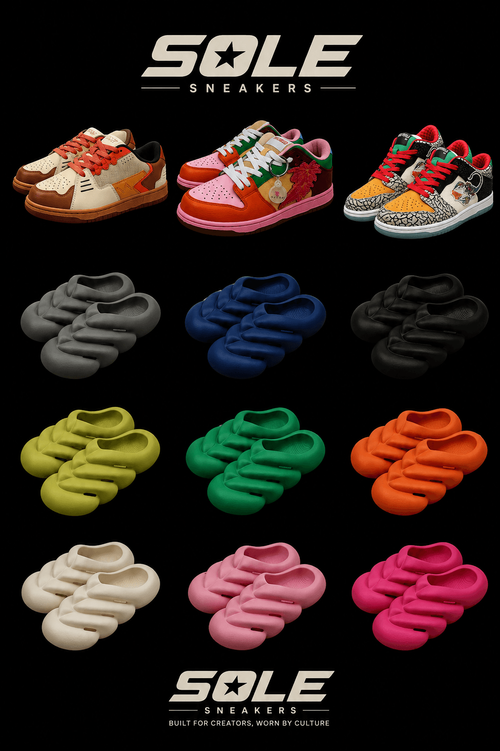 Display of colorful sneakers and coiled shoelaces against a black background, with 'SOLE SNEAKERS' logo at top and bottom.