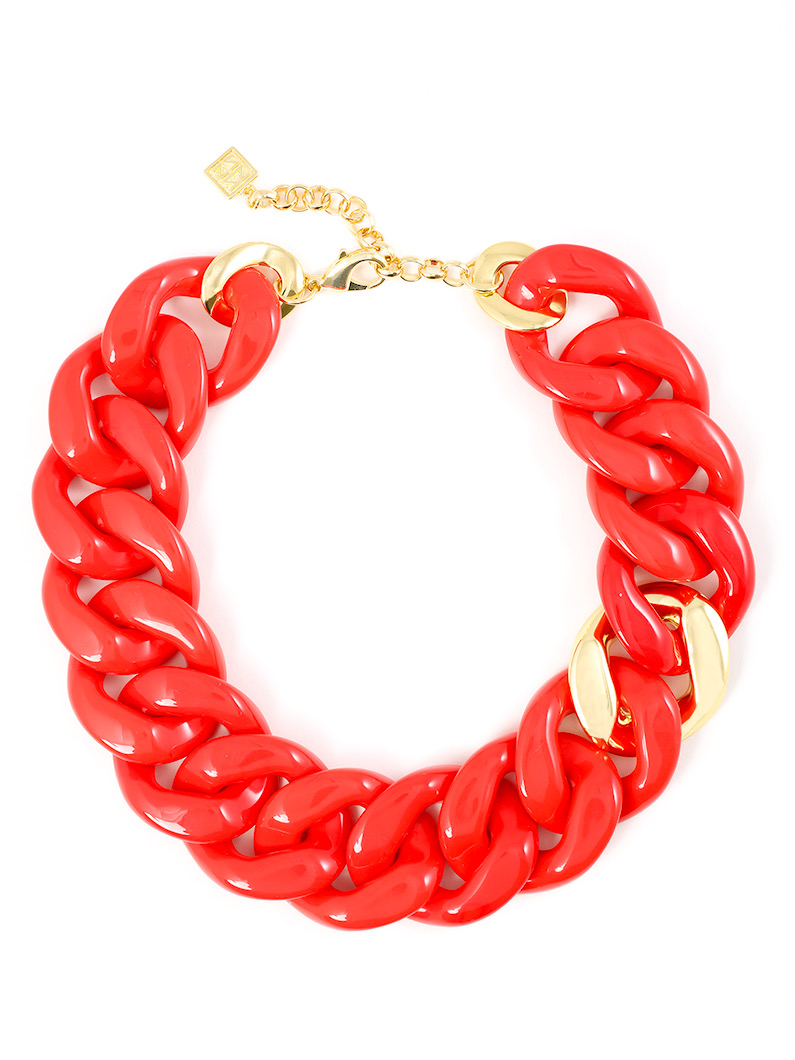 Red chunky chain bracelet with gold accents and clasp, on a white background.